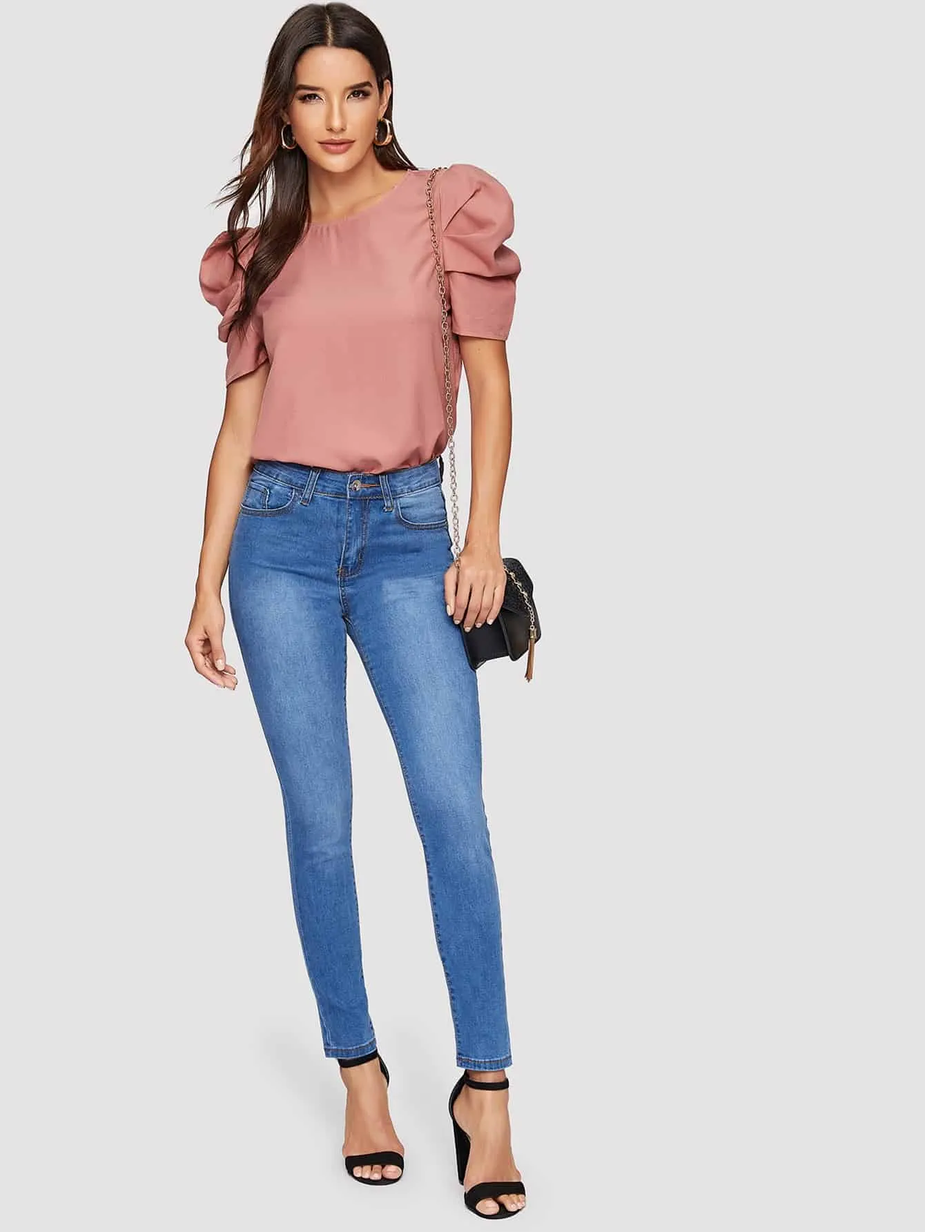 Pleated Puff Sleeve Solid Top