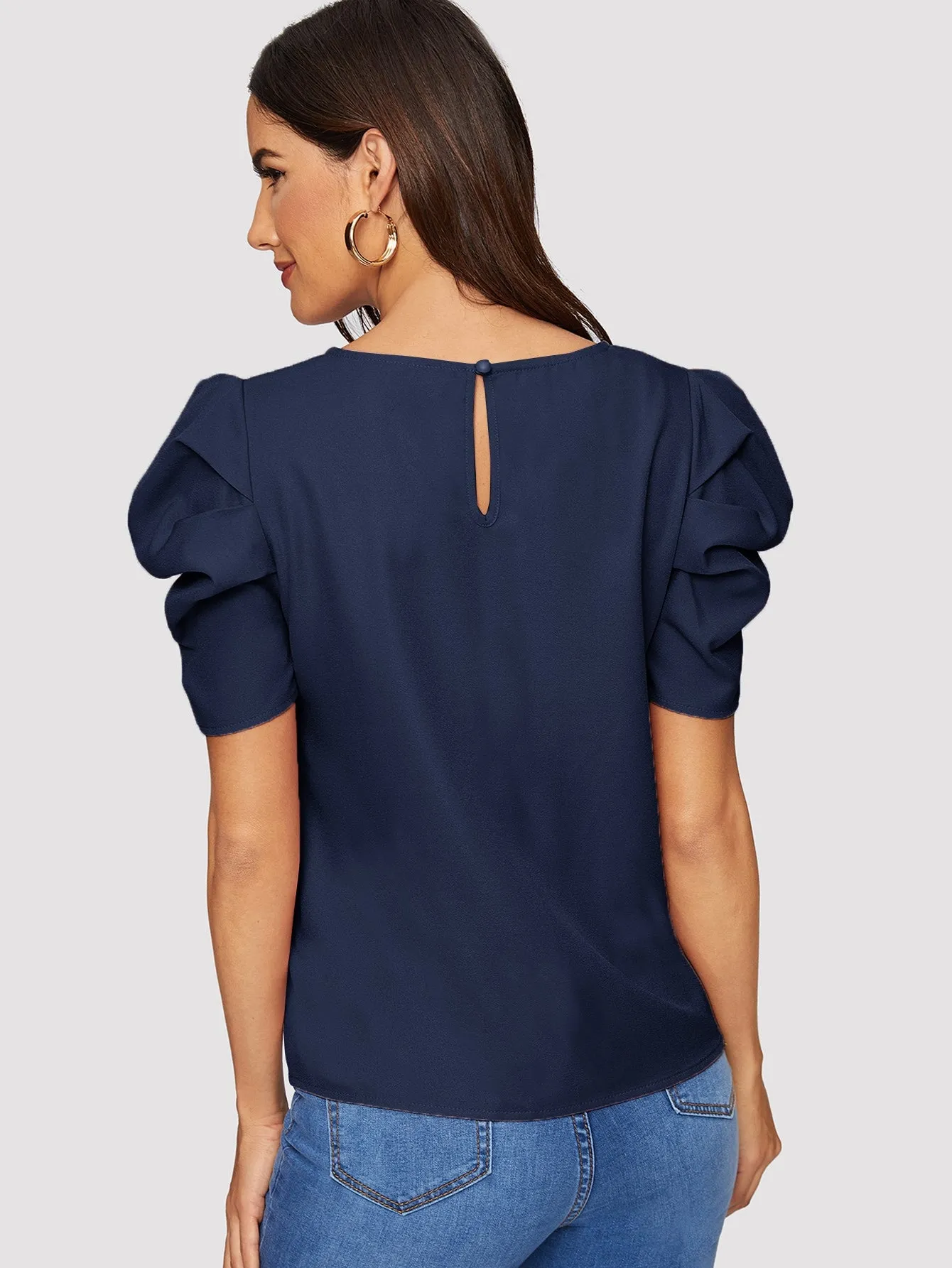 Pleated Puff Sleeve Solid Top