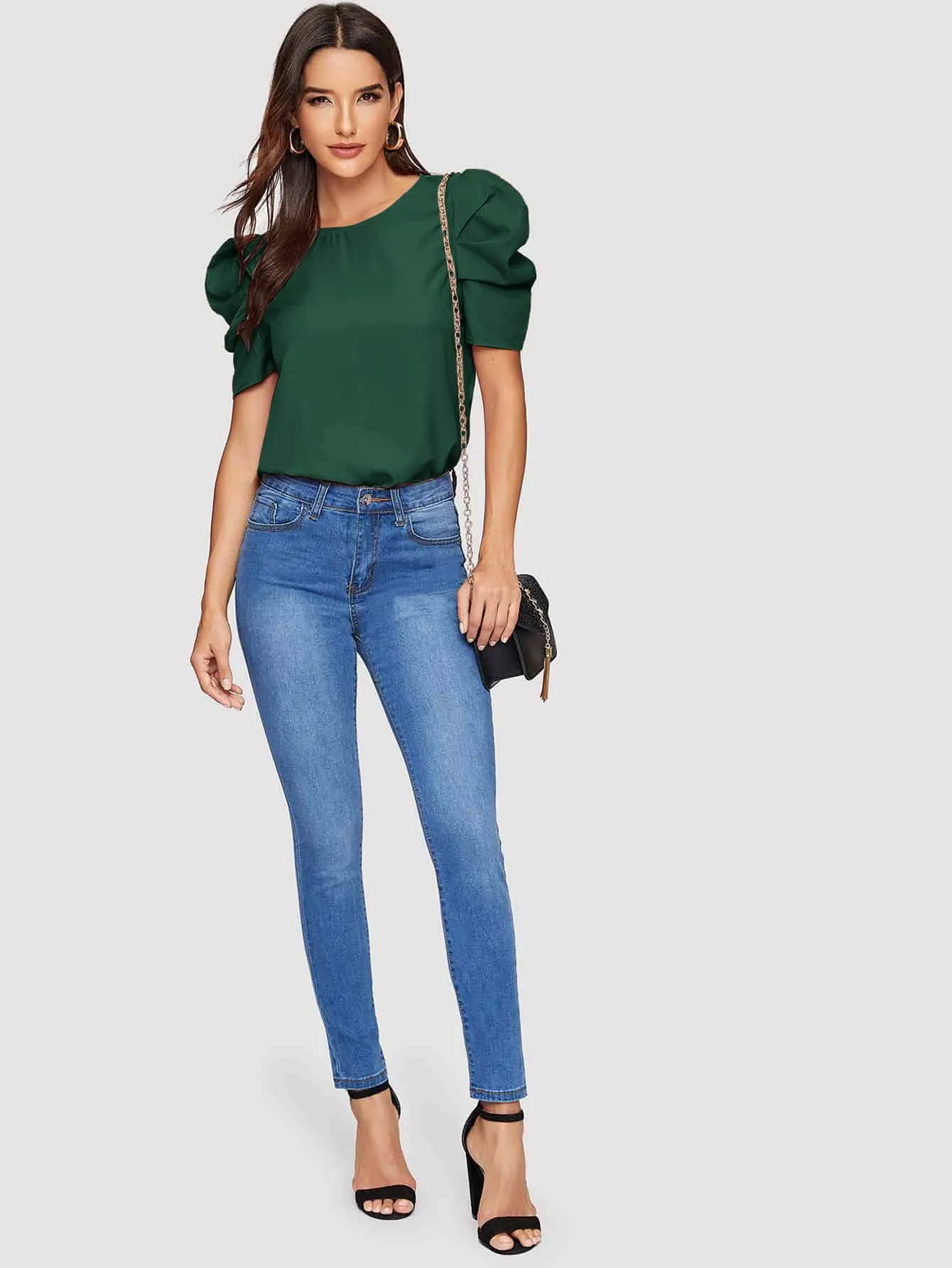 Pleated Puff Sleeve Solid Top