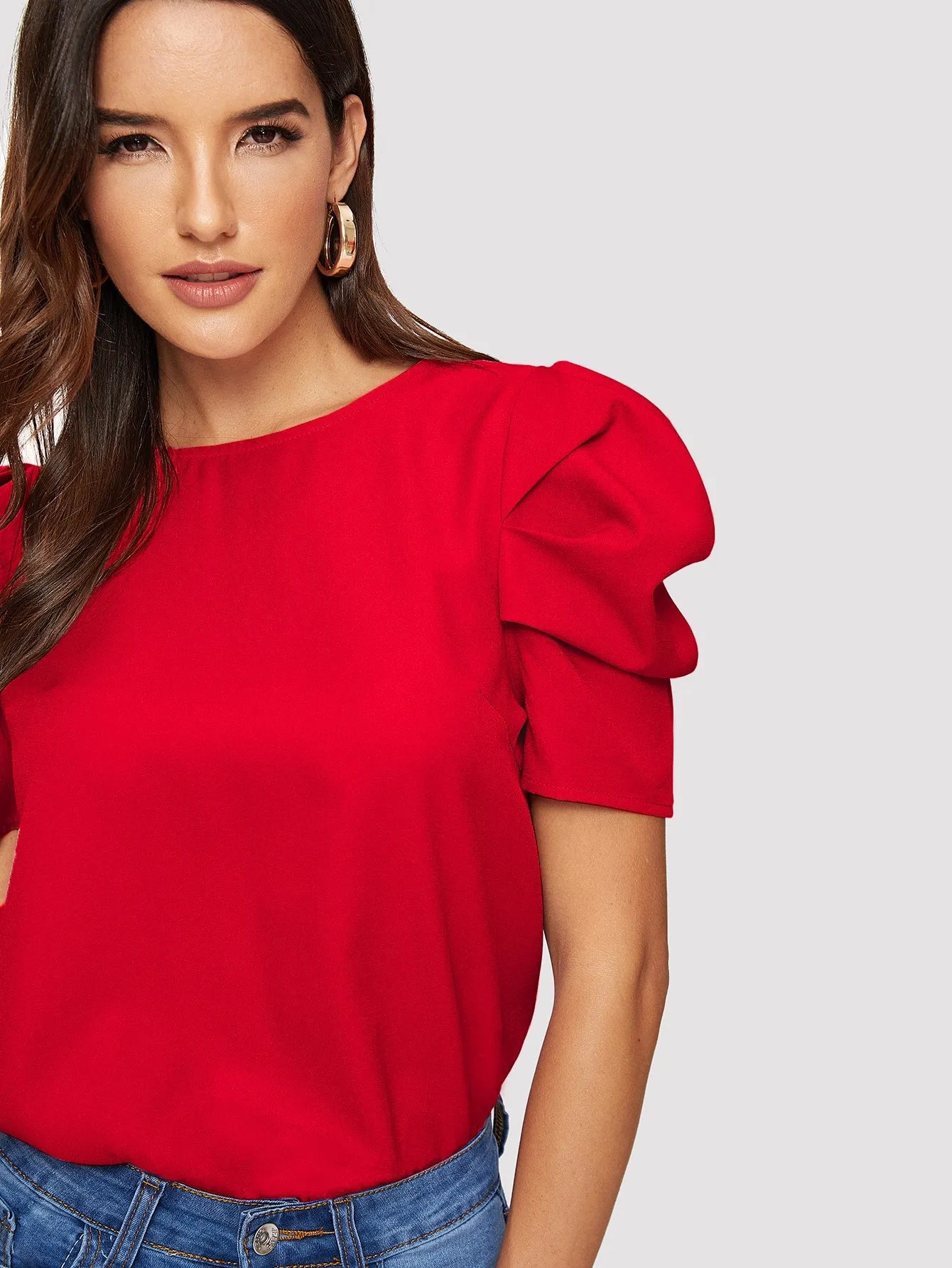 Pleated Puff Sleeve Solid Top