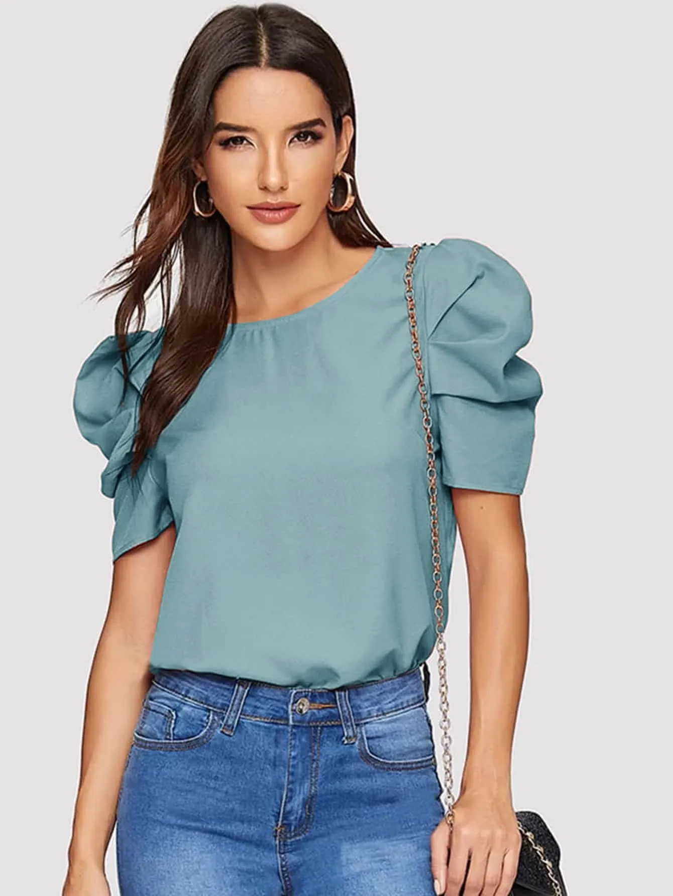 Pleated Puff Sleeve Solid Top