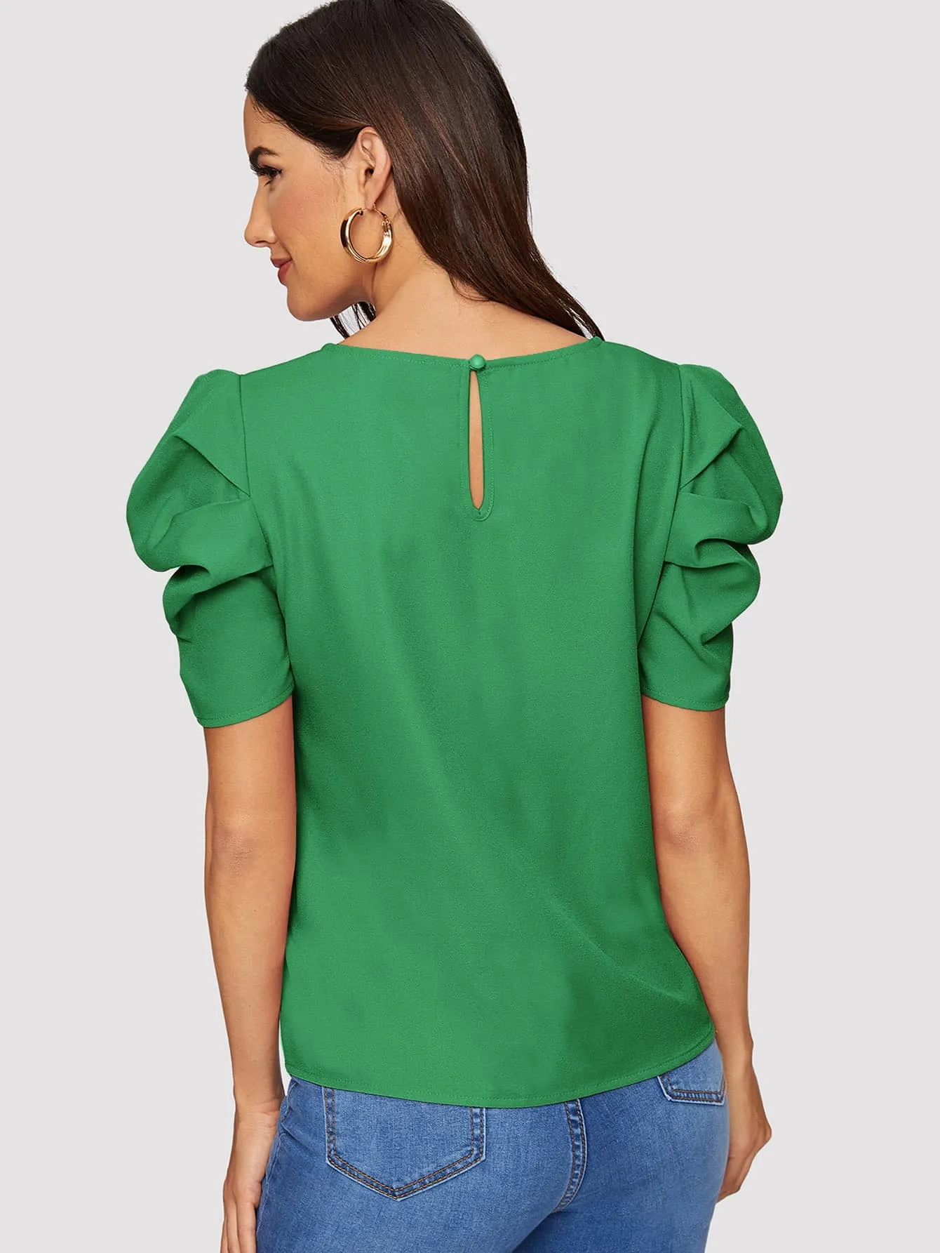 Pleated Puff Sleeve Solid Top