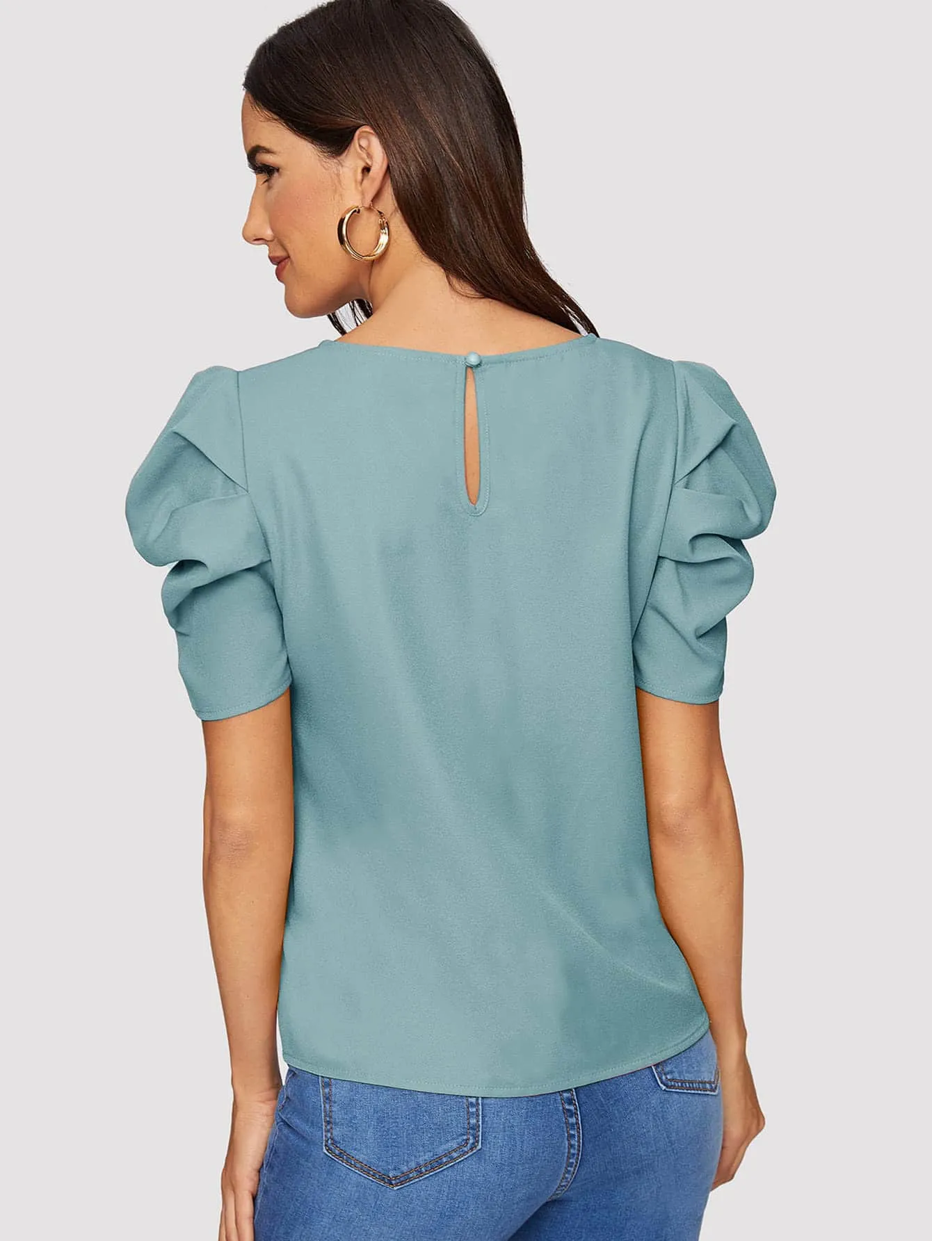Pleated Puff Sleeve Solid Top