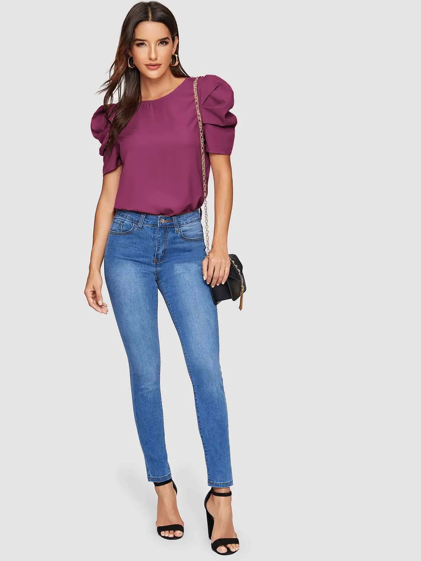 Pleated Puff Sleeve Solid Top