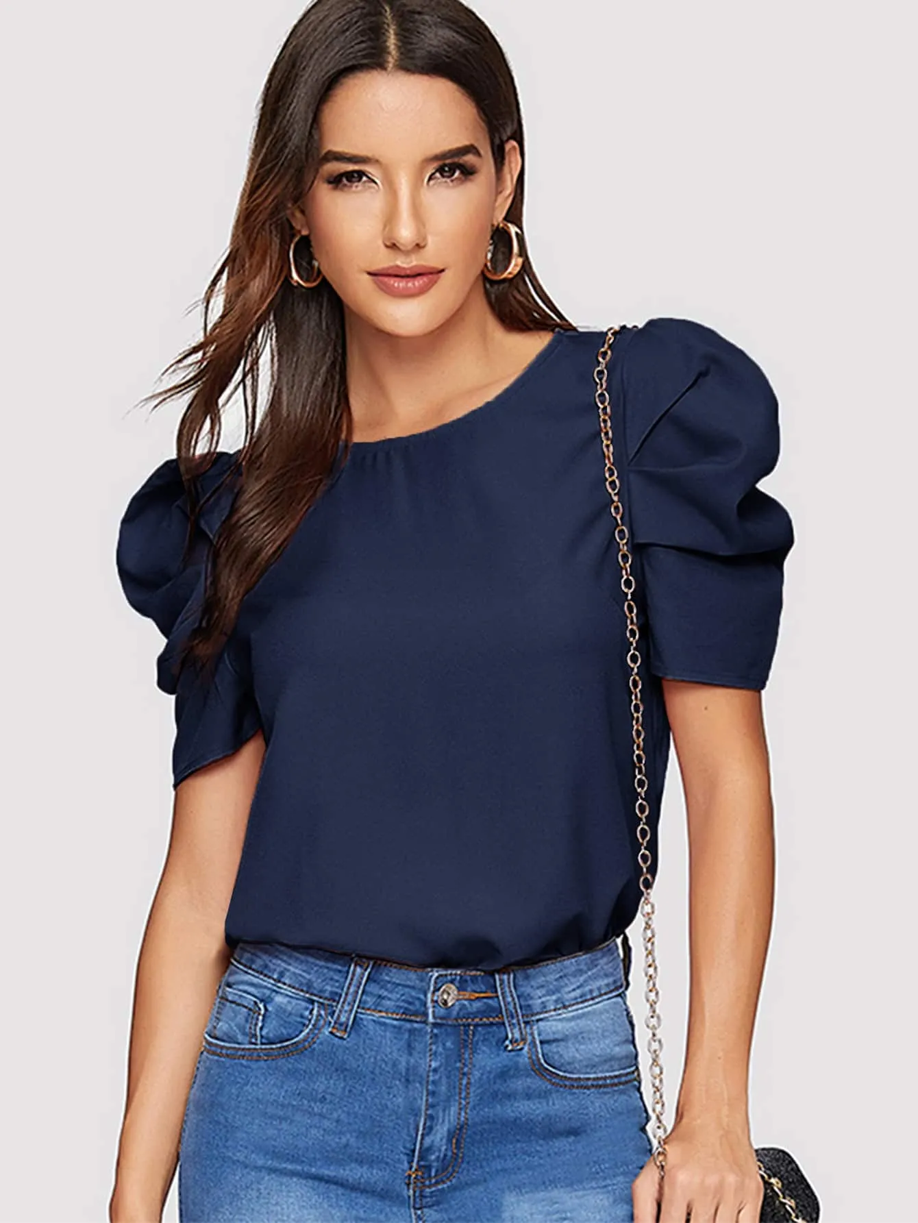 Pleated Puff Sleeve Solid Top