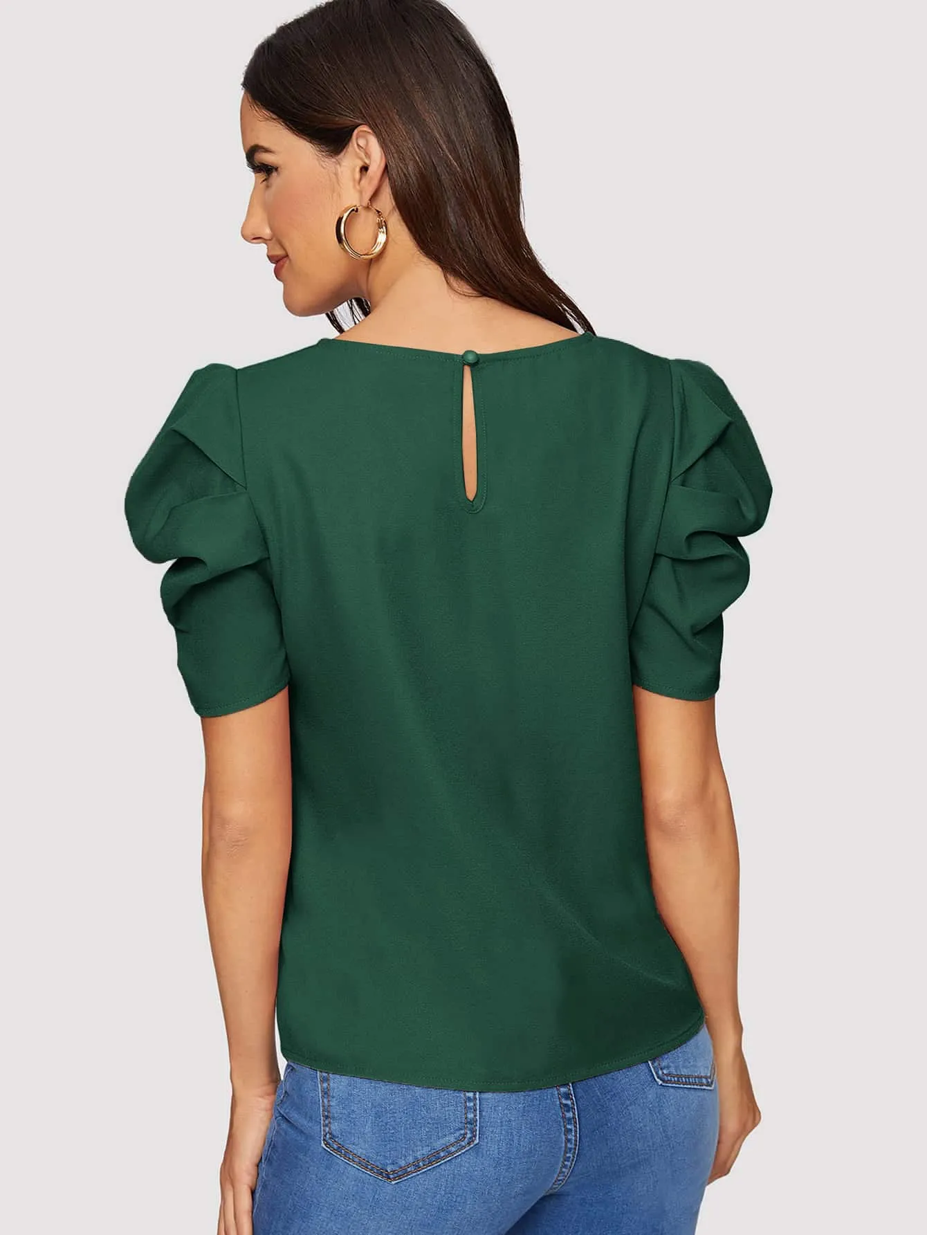 Pleated Puff Sleeve Solid Top