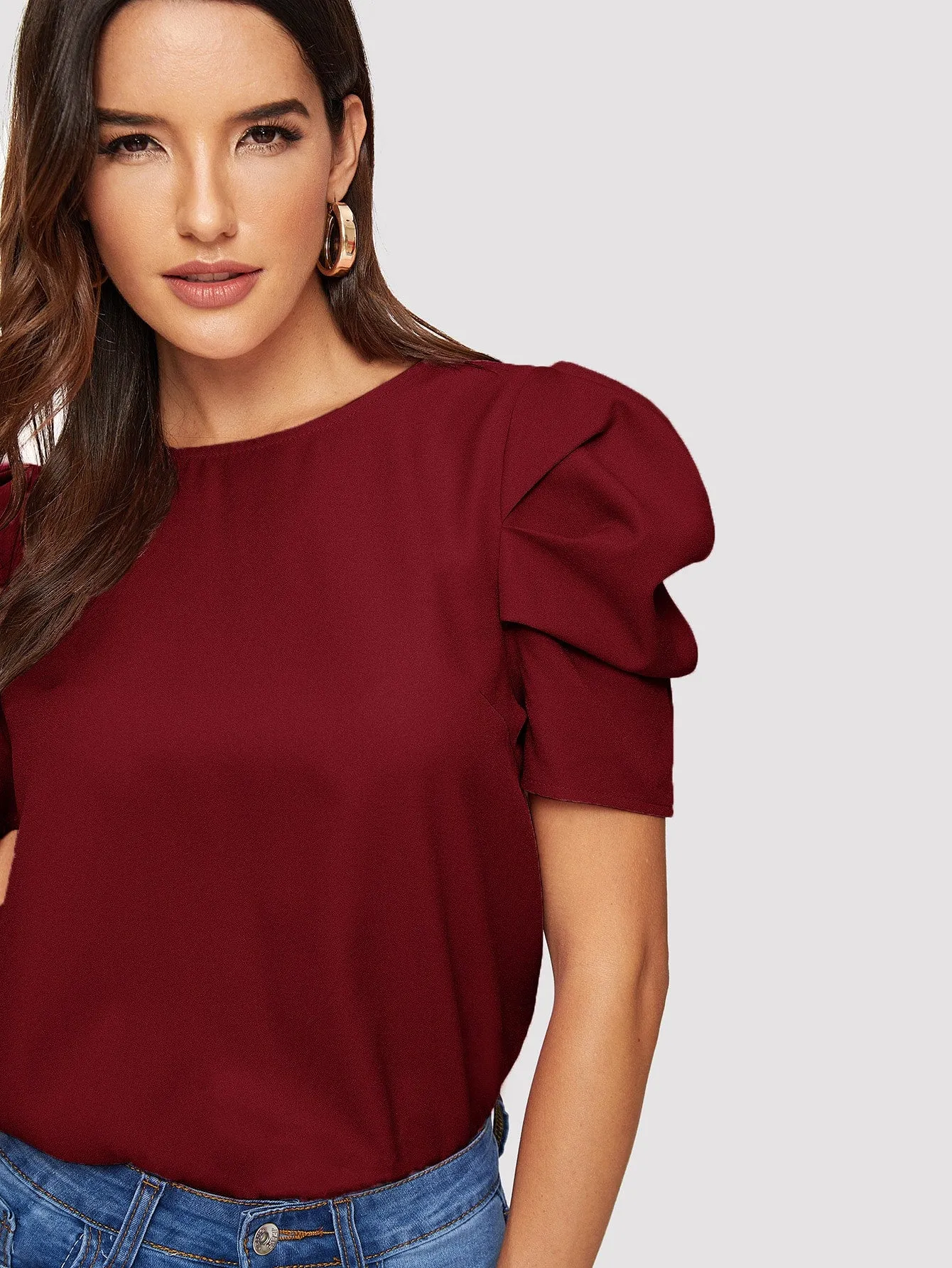 Pleated Puff Sleeve Solid Top
