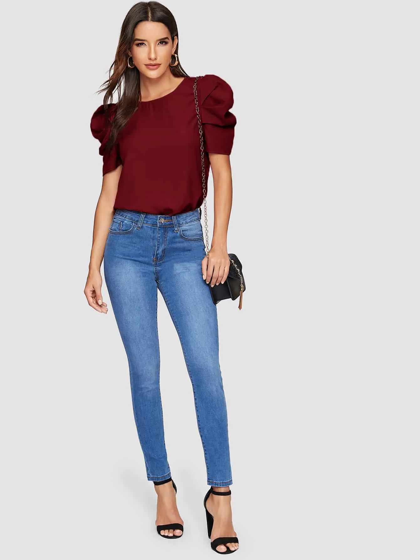 Pleated Puff Sleeve Solid Top