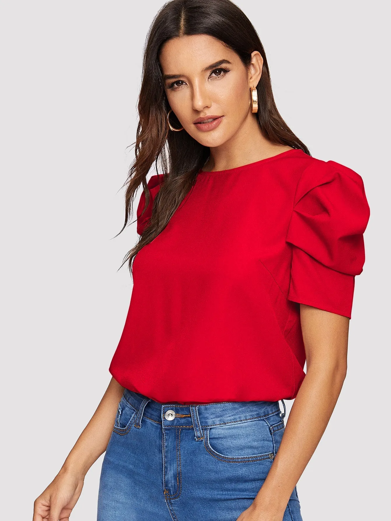 Pleated Puff Sleeve Solid Top