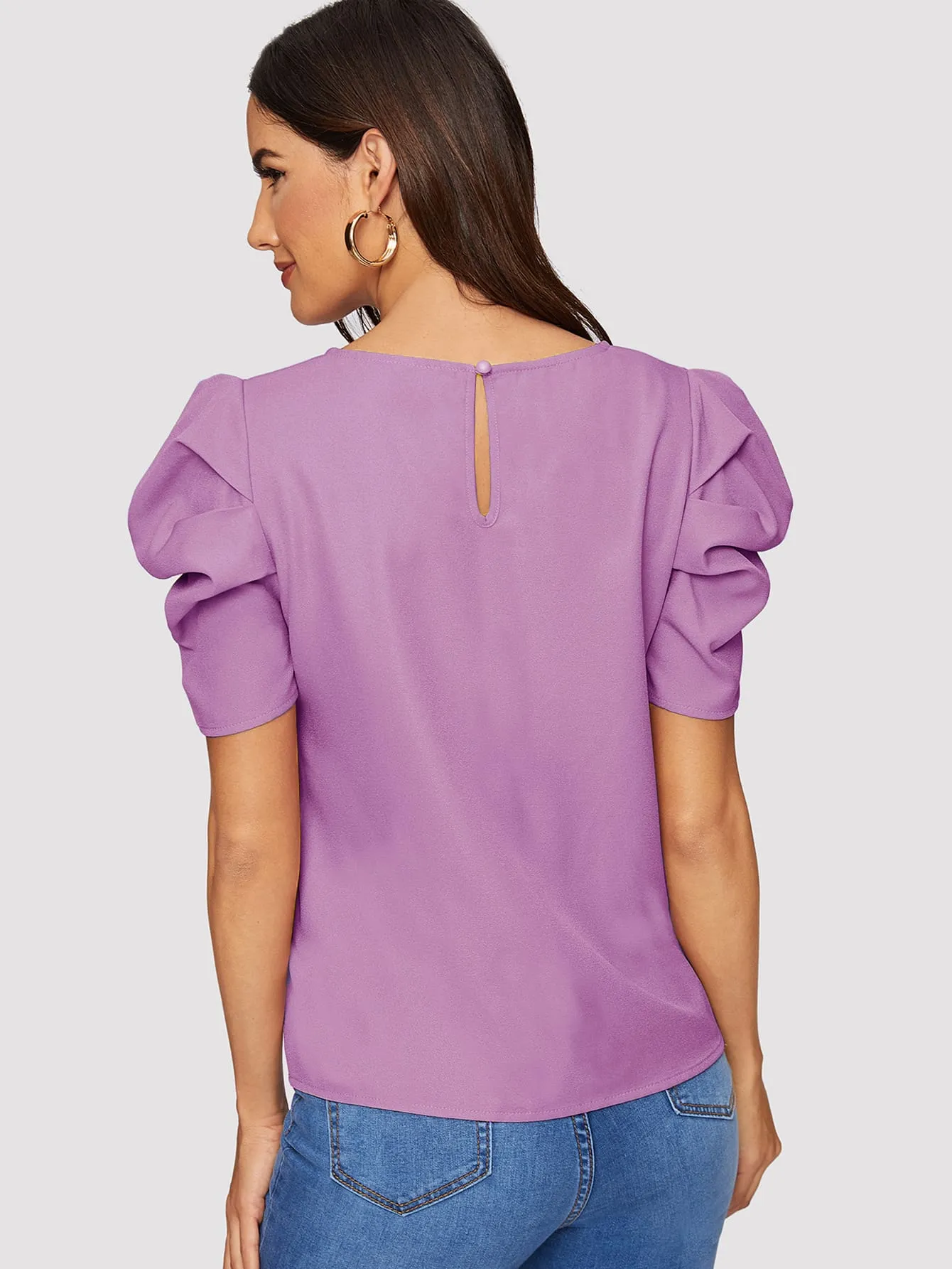 Pleated Puff Sleeve Solid Top