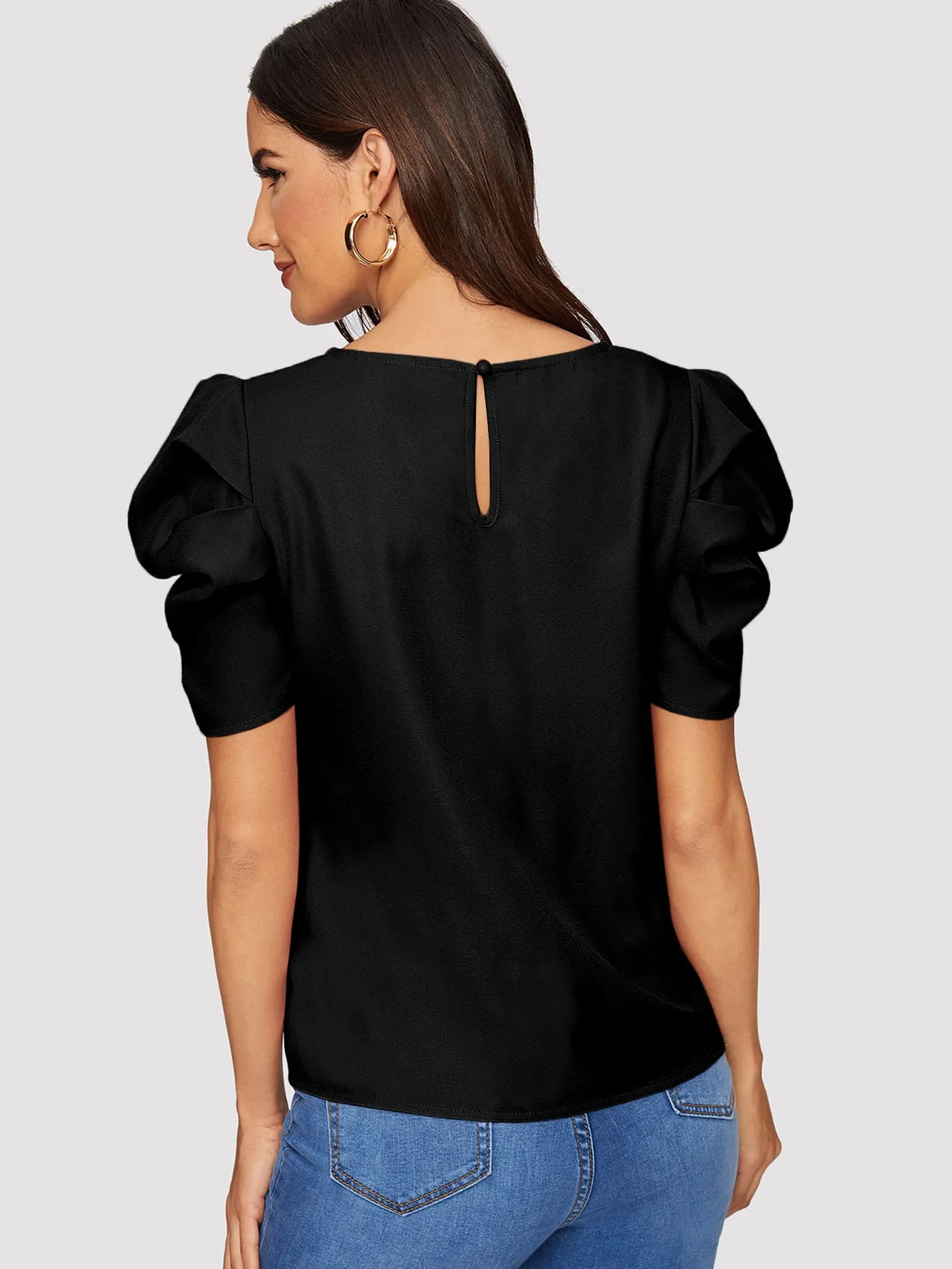 Pleated Puff Sleeve Solid Top
