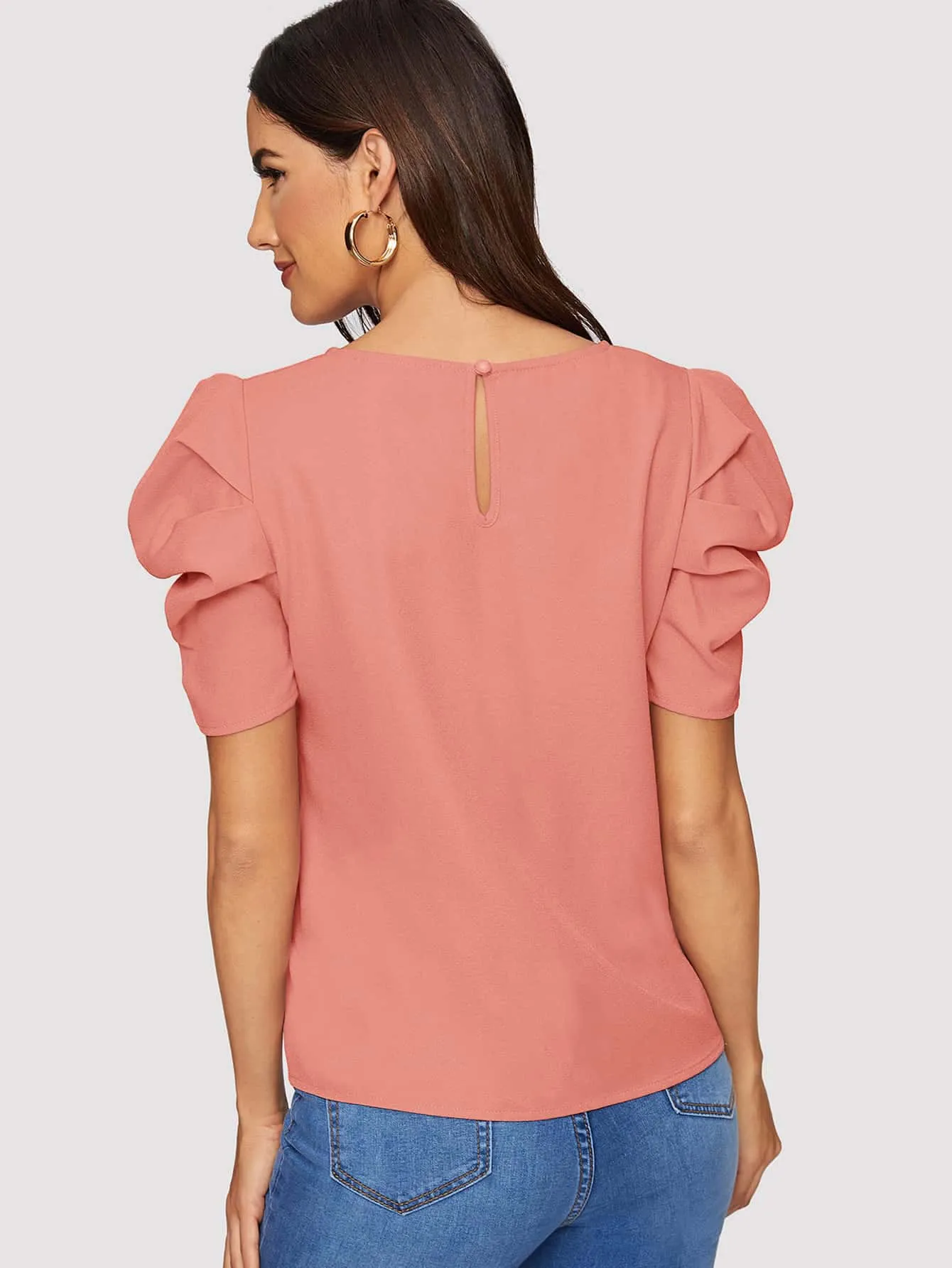 Pleated Puff Sleeve Solid Top