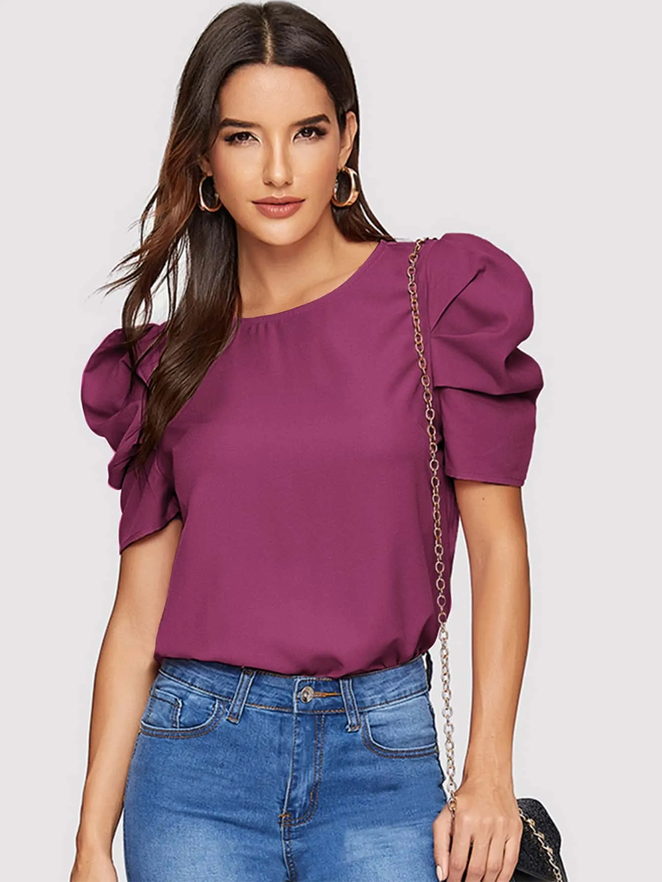 Pleated Puff Sleeve Solid Top