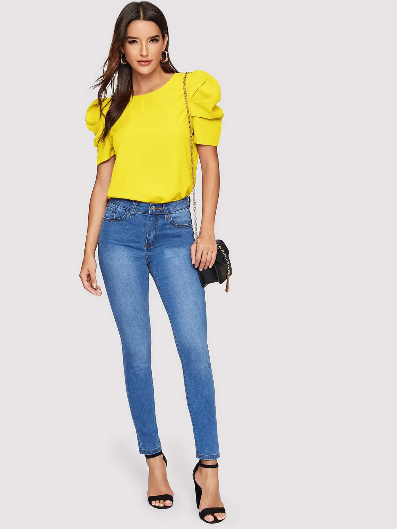 Pleated Puff Sleeve Solid Top