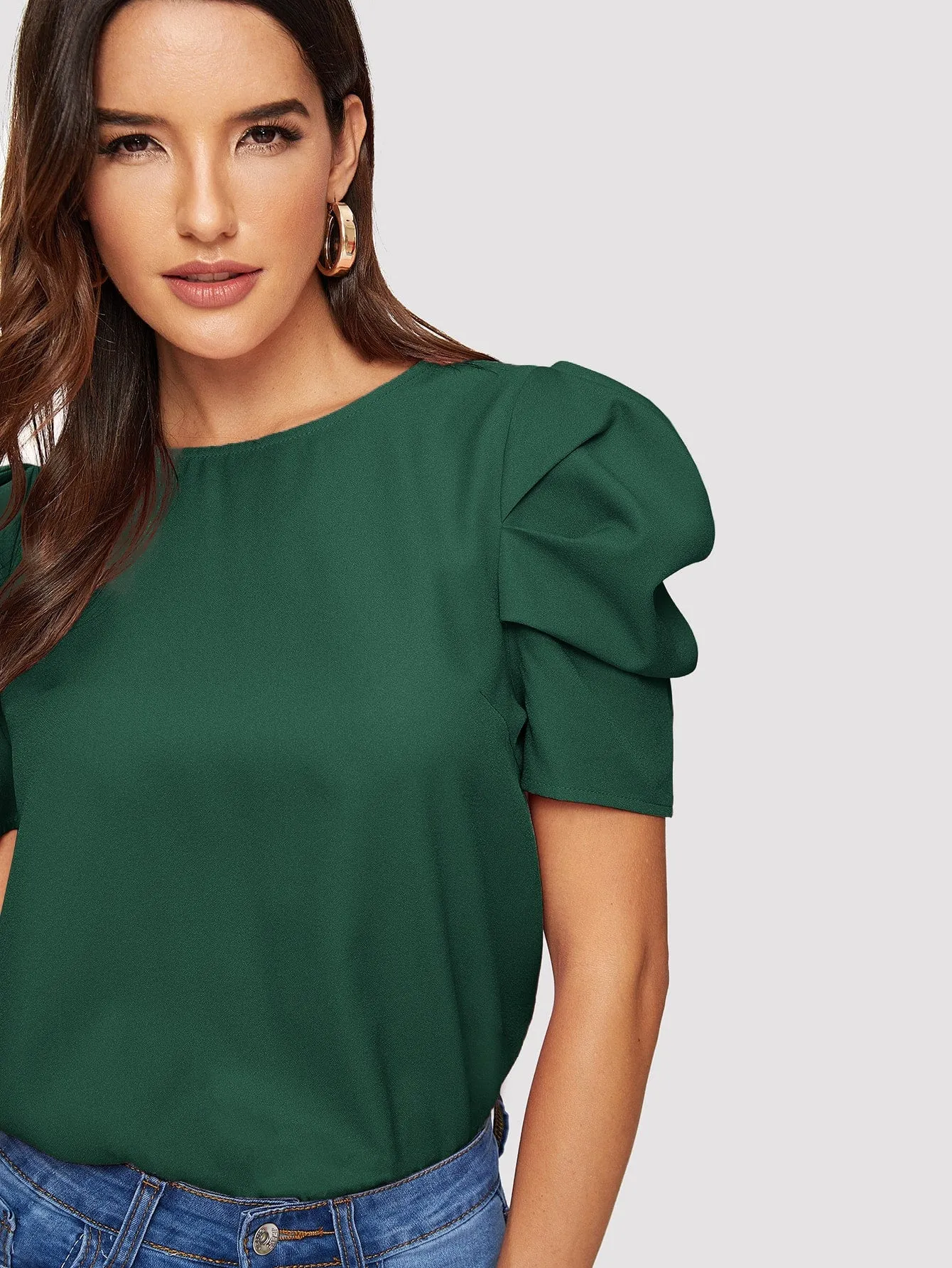 Pleated Puff Sleeve Solid Top