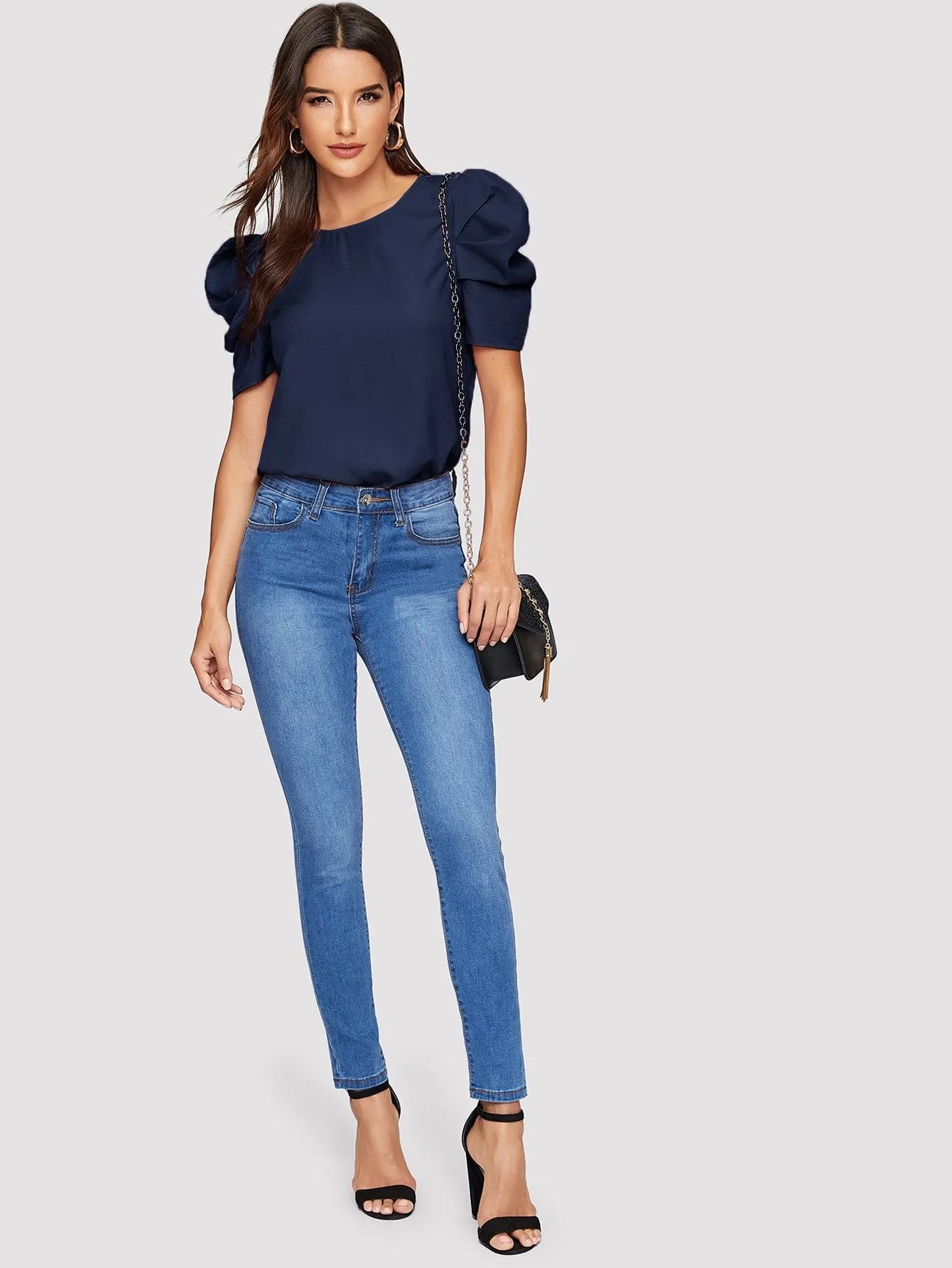 Pleated Puff Sleeve Solid Top