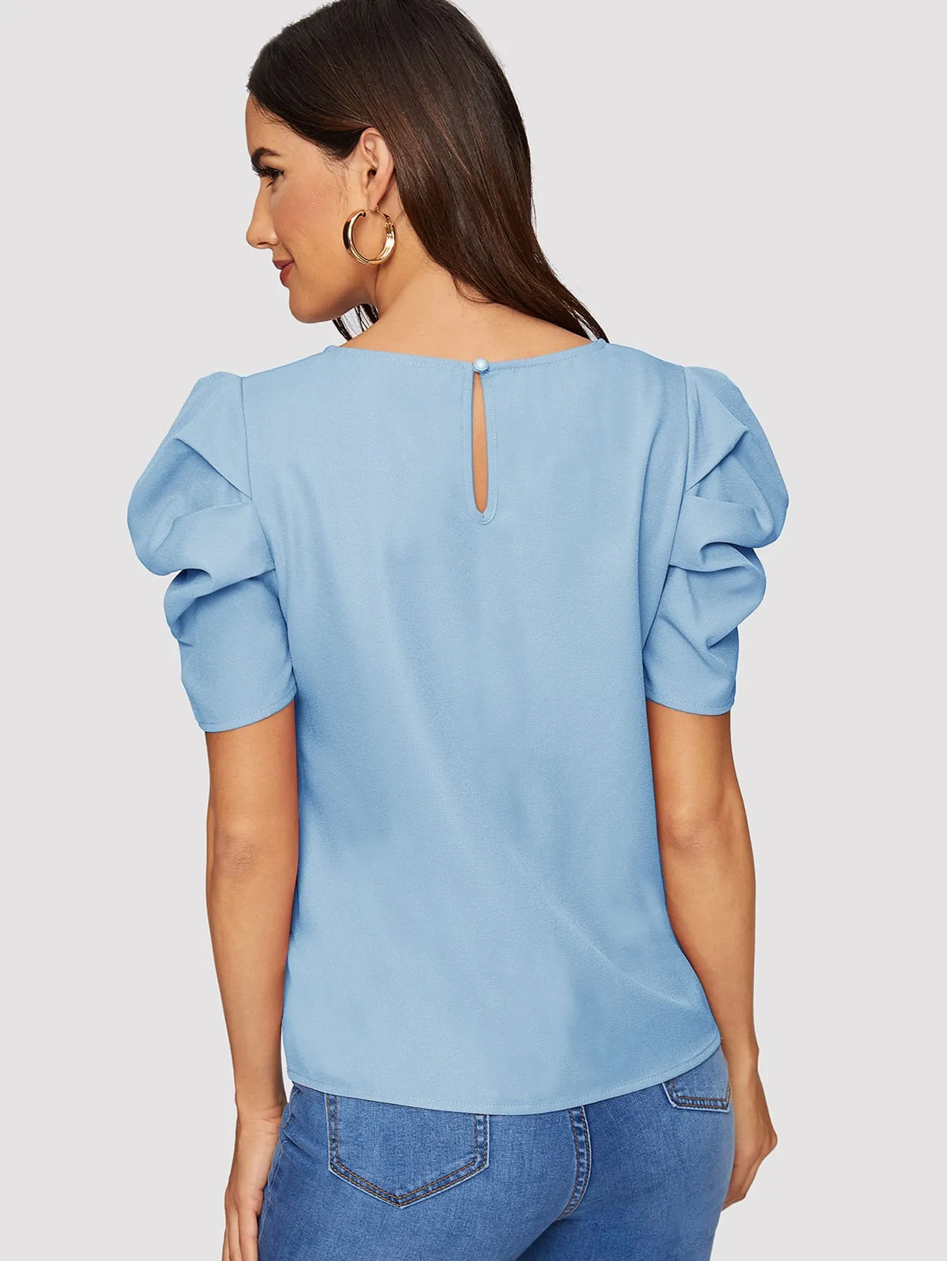 Pleated Puff Sleeve Solid Top