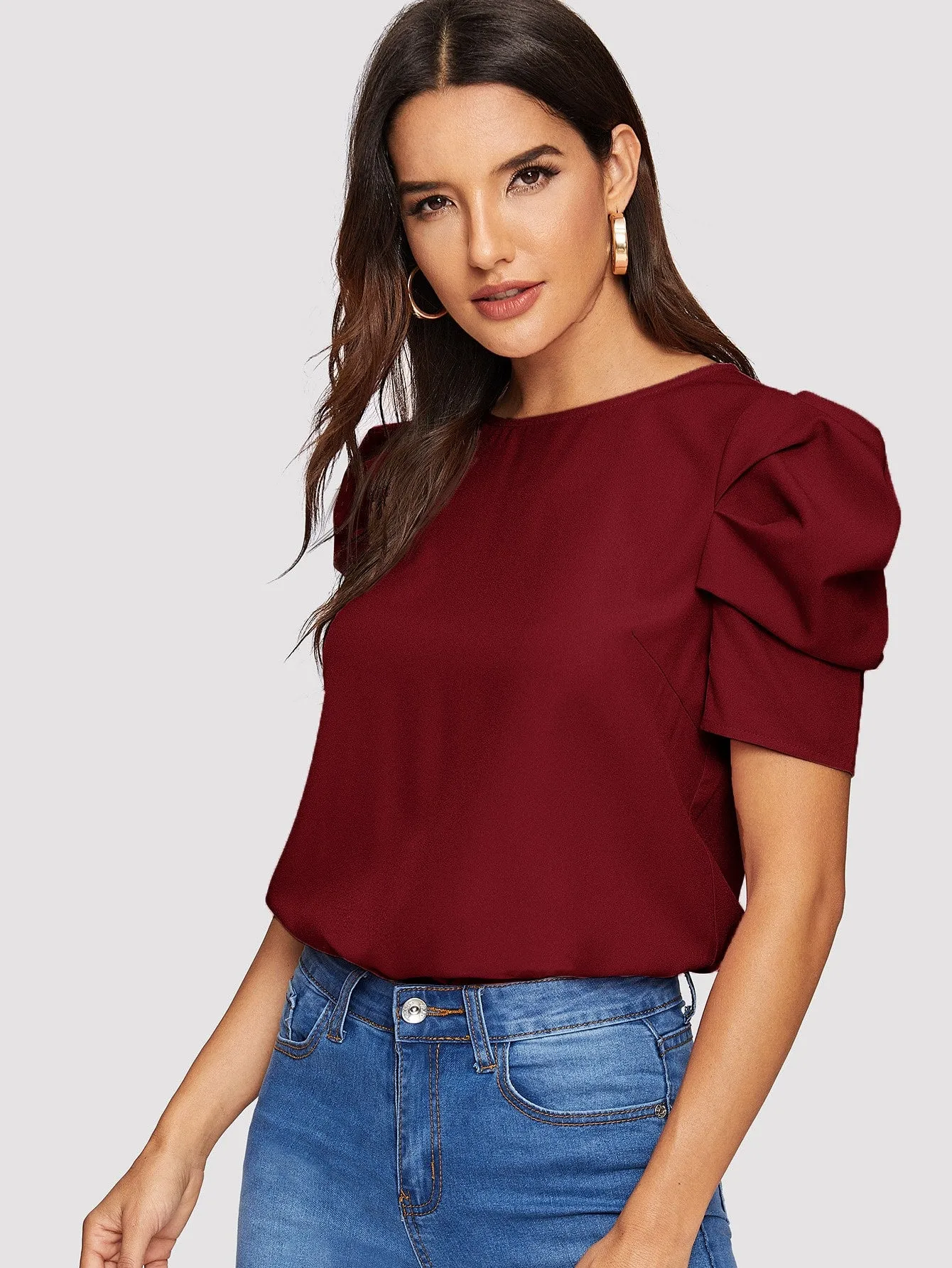 Pleated Puff Sleeve Solid Top