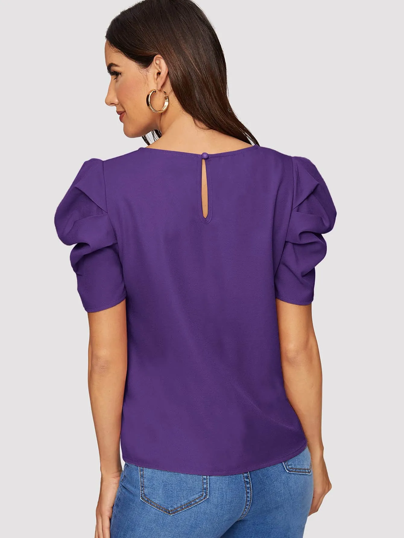 Pleated Puff Sleeve Solid Top