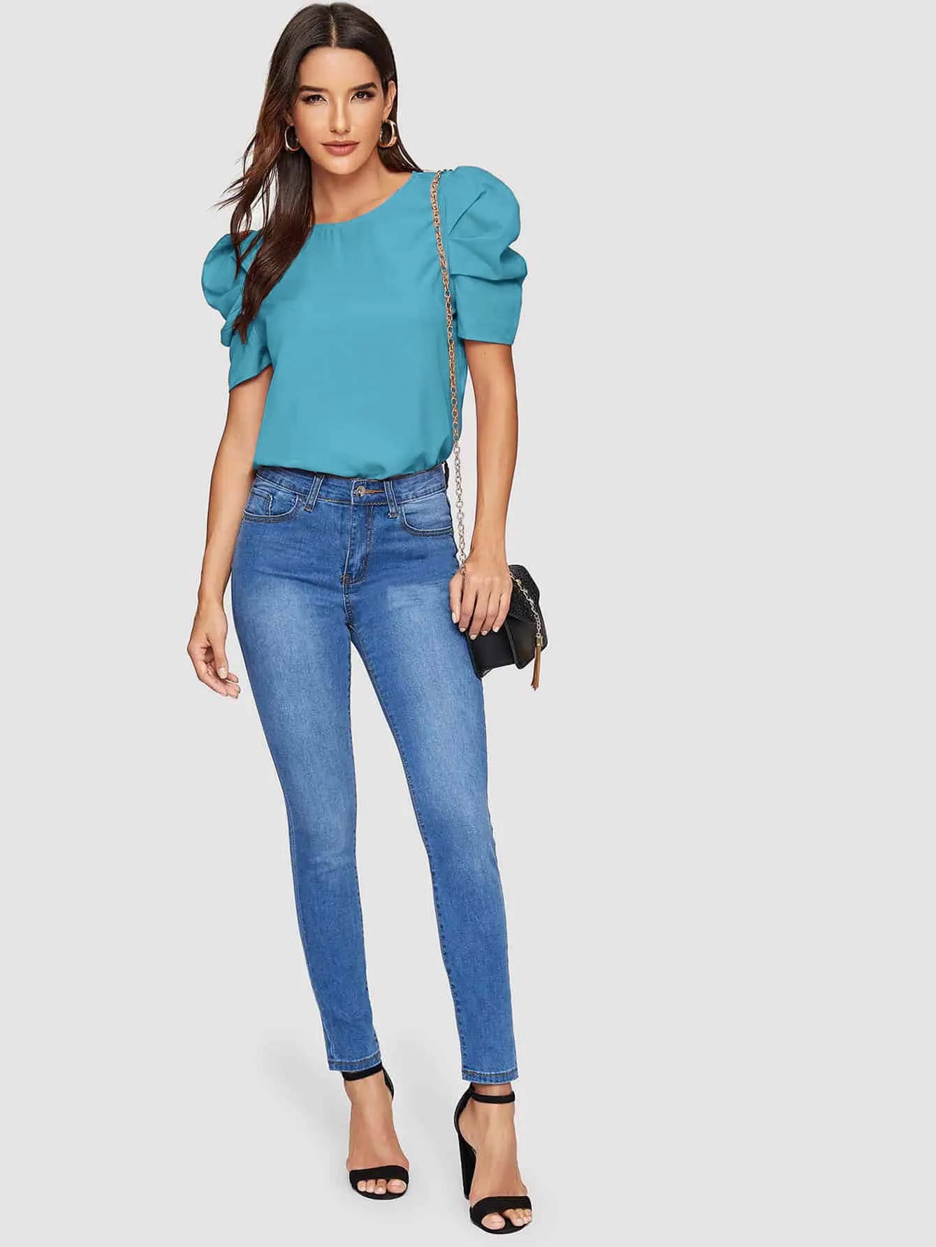 Pleated Puff Sleeve Solid Top