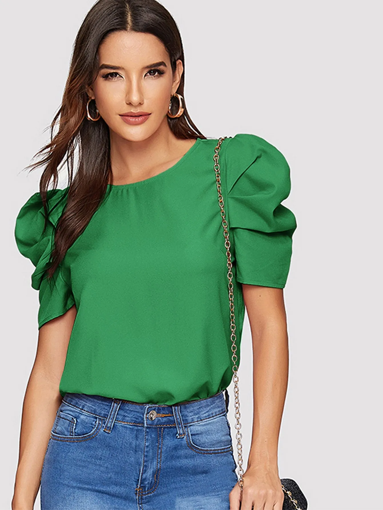 Pleated Puff Sleeve Solid Top