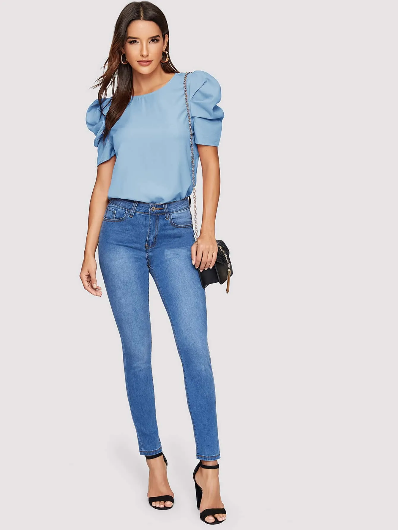 Pleated Puff Sleeve Solid Top
