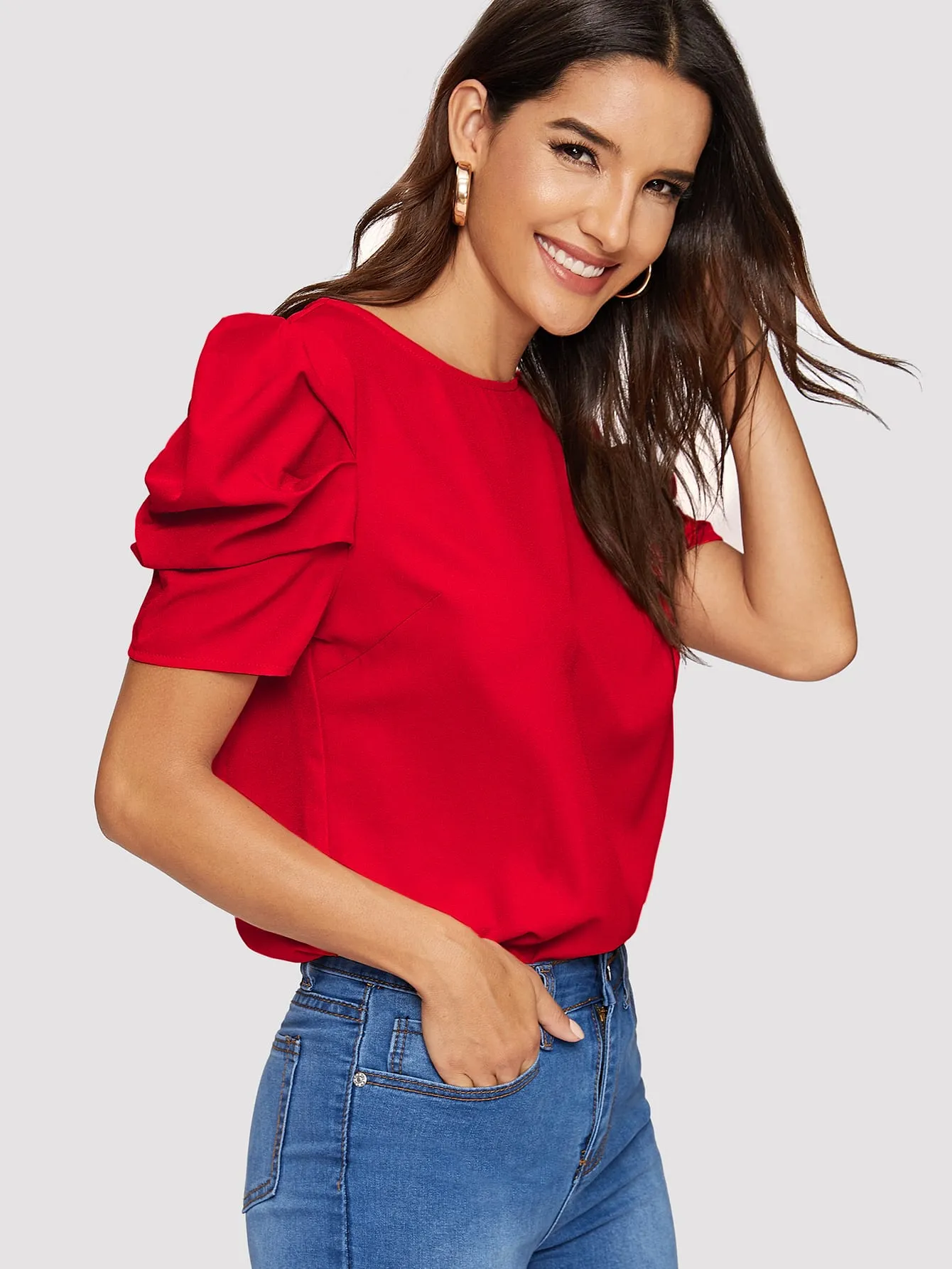 Pleated Puff Sleeve Solid Top