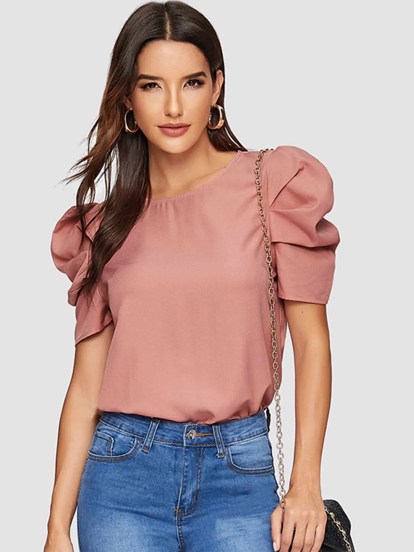 Pleated Puff Sleeve Solid Top