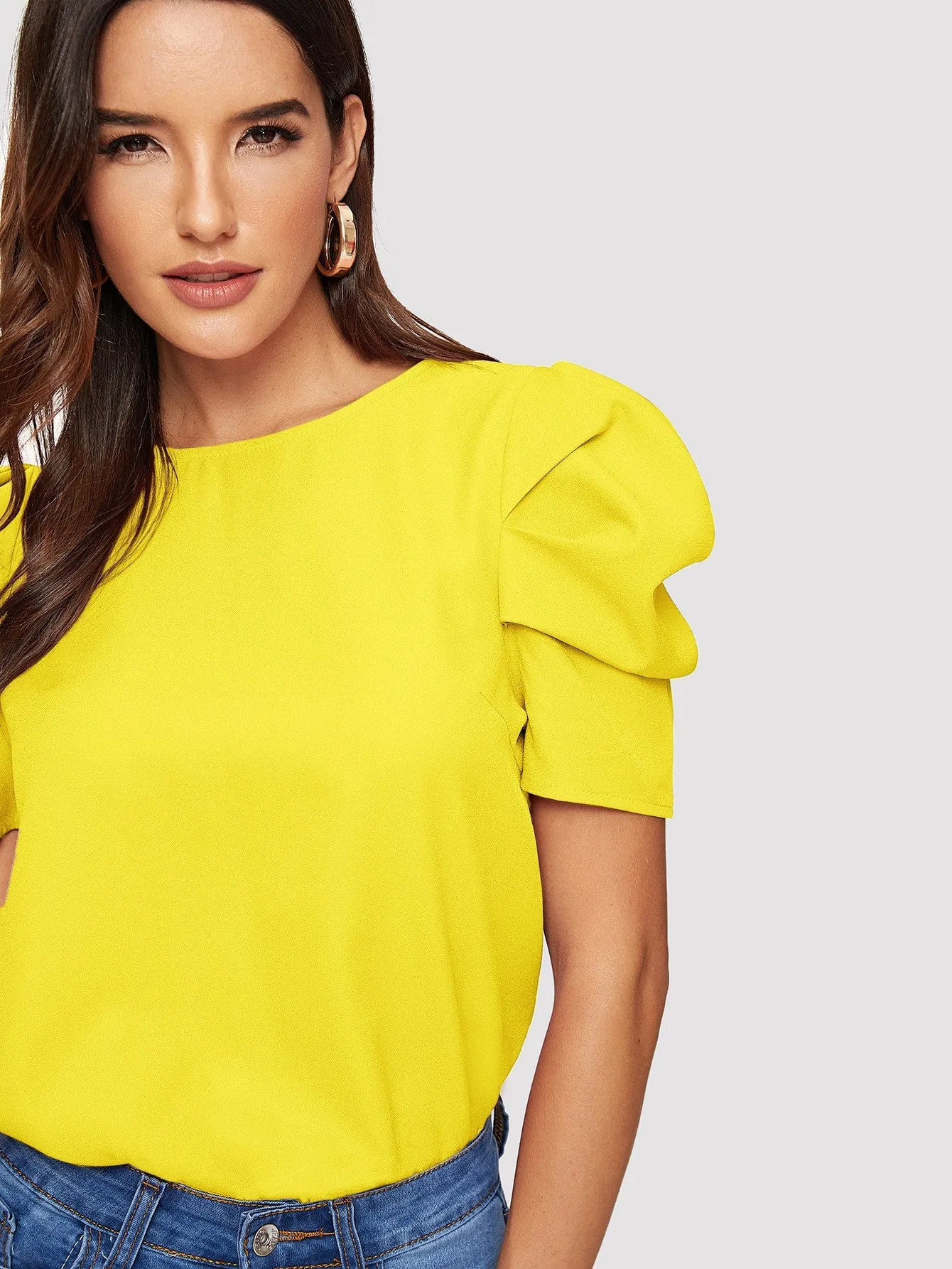 Pleated Puff Sleeve Solid Top