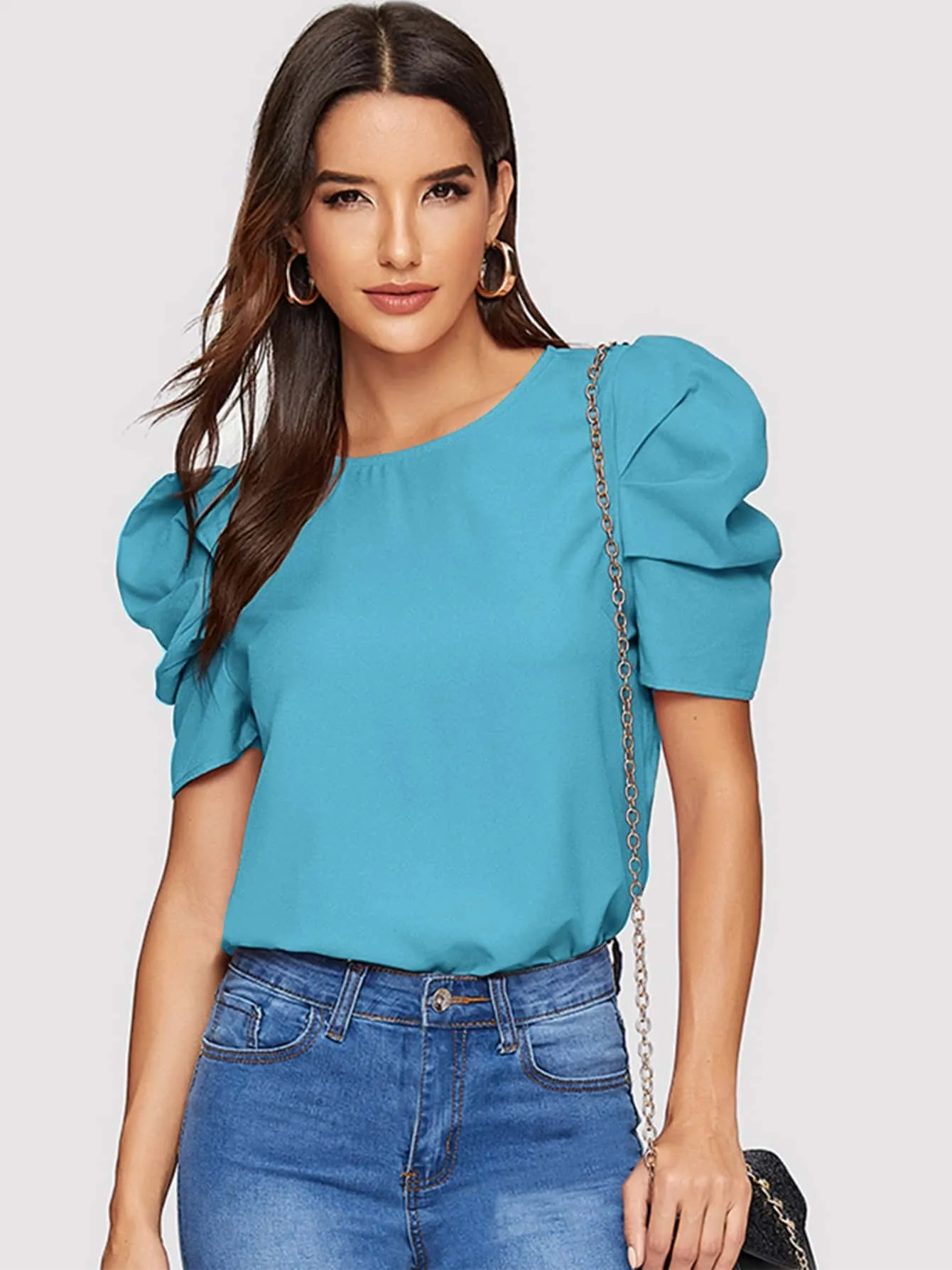 Pleated Puff Sleeve Solid Top