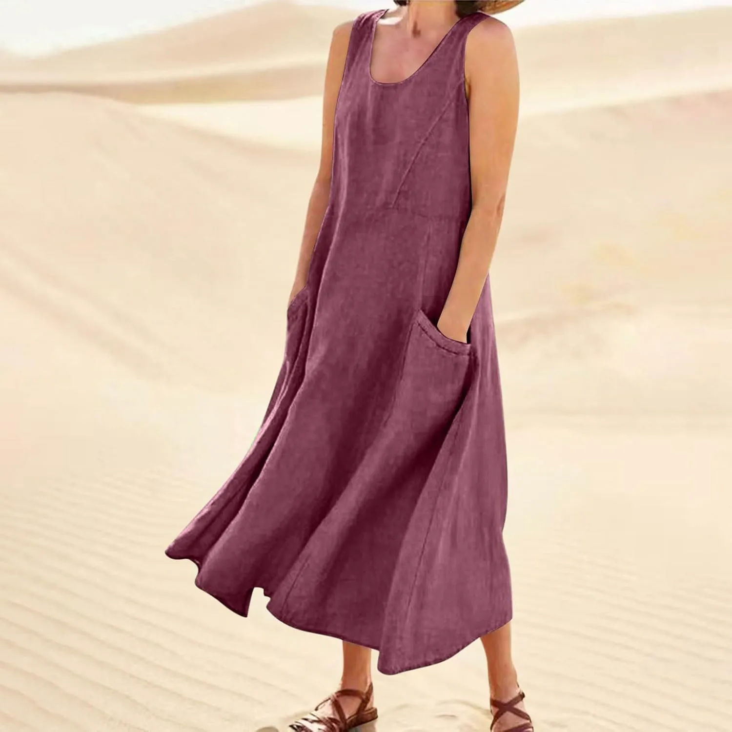 Plus Size Dresses for Curvy Women 2025 Flowy Round Neck Sleeveless Sundress Solid A Line Beach Midi Dress with Pocket