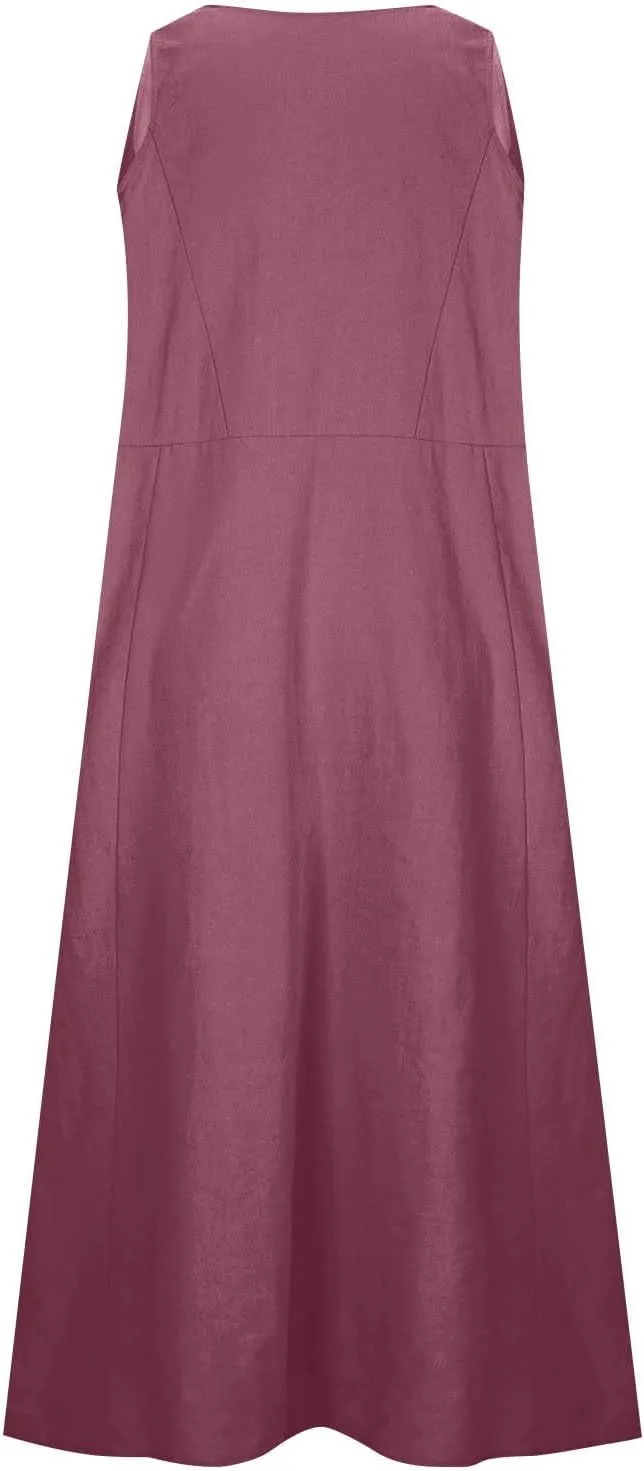 Plus Size Dresses for Curvy Women 2025 Flowy Round Neck Sleeveless Sundress Solid A Line Beach Midi Dress with Pocket