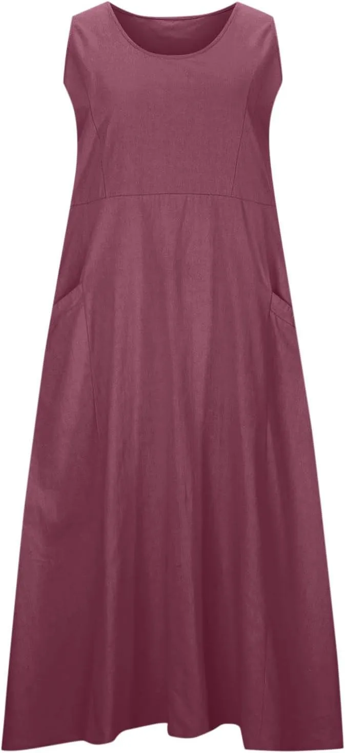 Plus Size Dresses for Curvy Women 2025 Flowy Round Neck Sleeveless Sundress Solid A Line Beach Midi Dress with Pocket