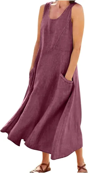 Plus Size Dresses for Curvy Women 2025 Flowy Round Neck Sleeveless Sundress Solid A Line Beach Midi Dress with Pocket