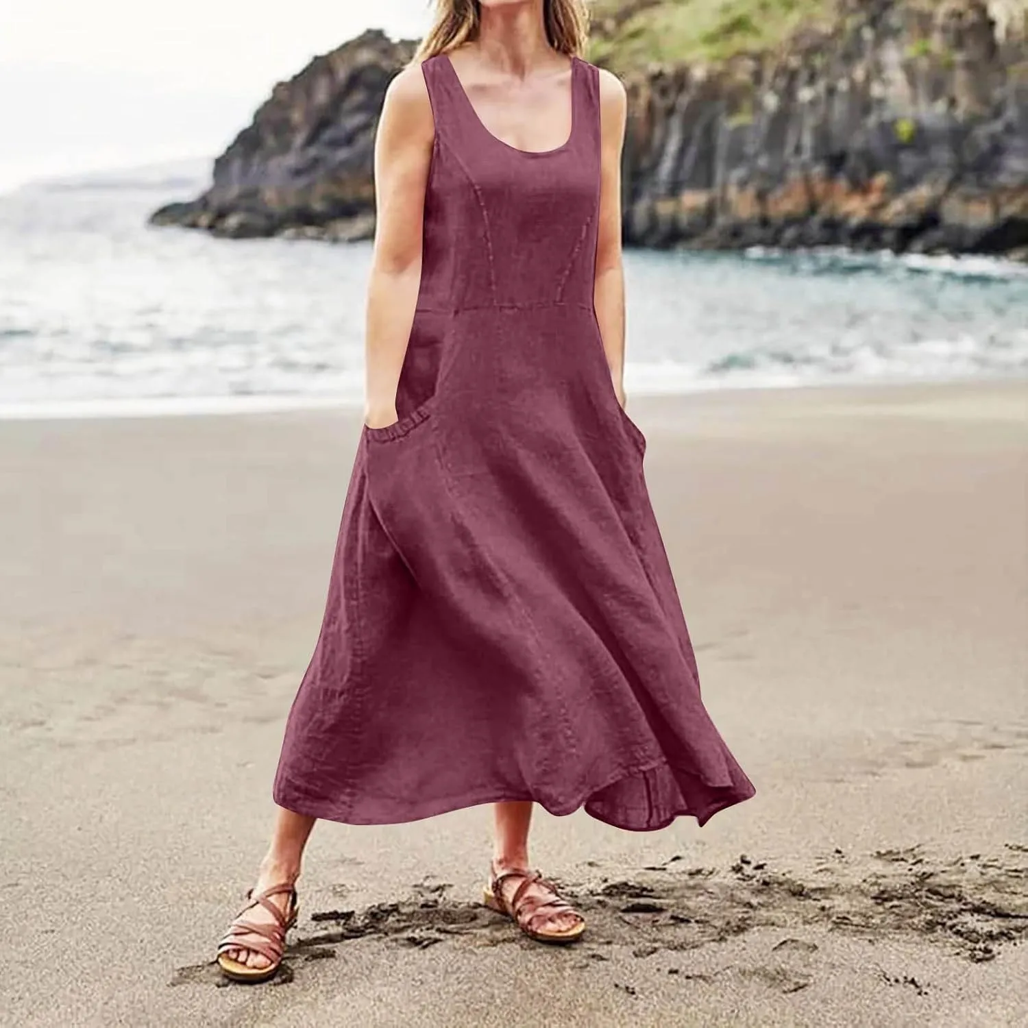 Plus Size Dresses for Curvy Women 2025 Flowy Round Neck Sleeveless Sundress Solid A Line Beach Midi Dress with Pocket