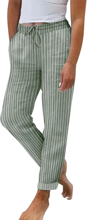 Plus Size Linen Pants for Women's Summer Casual Stripe Drawstring High Waisted Trouser Loose Vacation Lounge Trousers