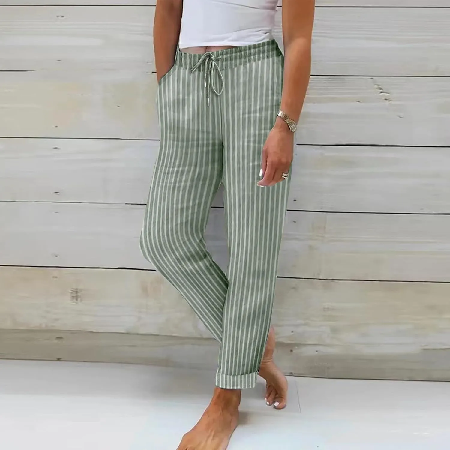 Plus Size Linen Pants for Women's Summer Casual Stripe Drawstring High Waisted Trouser Loose Vacation Lounge Trousers