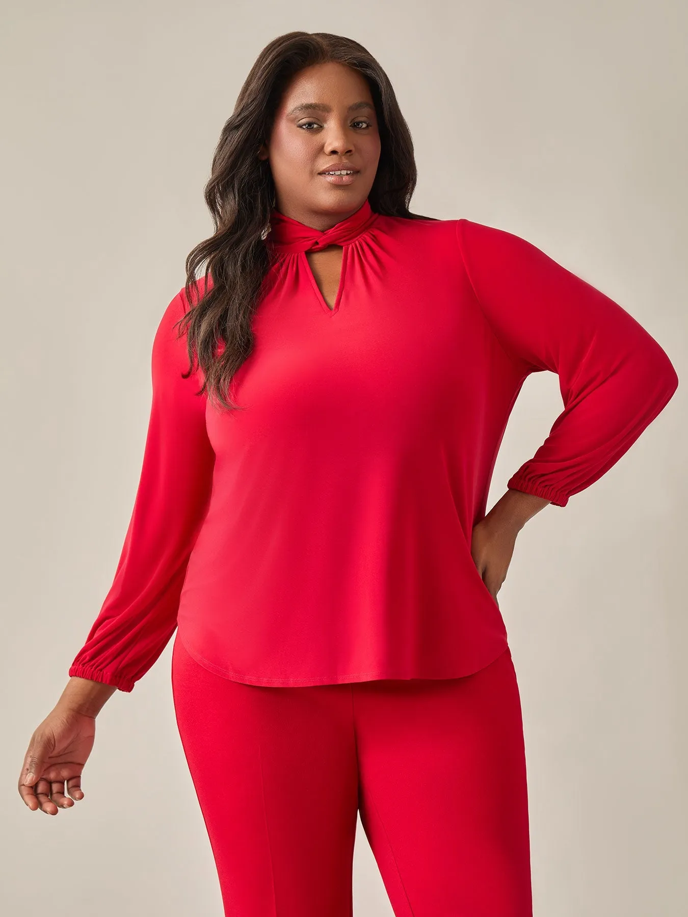 Plus Size Twist Neck Knit Blouse, Crimson