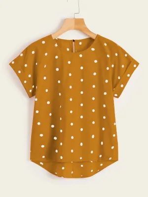 Polka Dot High Low Short Sleeve Round Neck Regular Plus Size Blouse