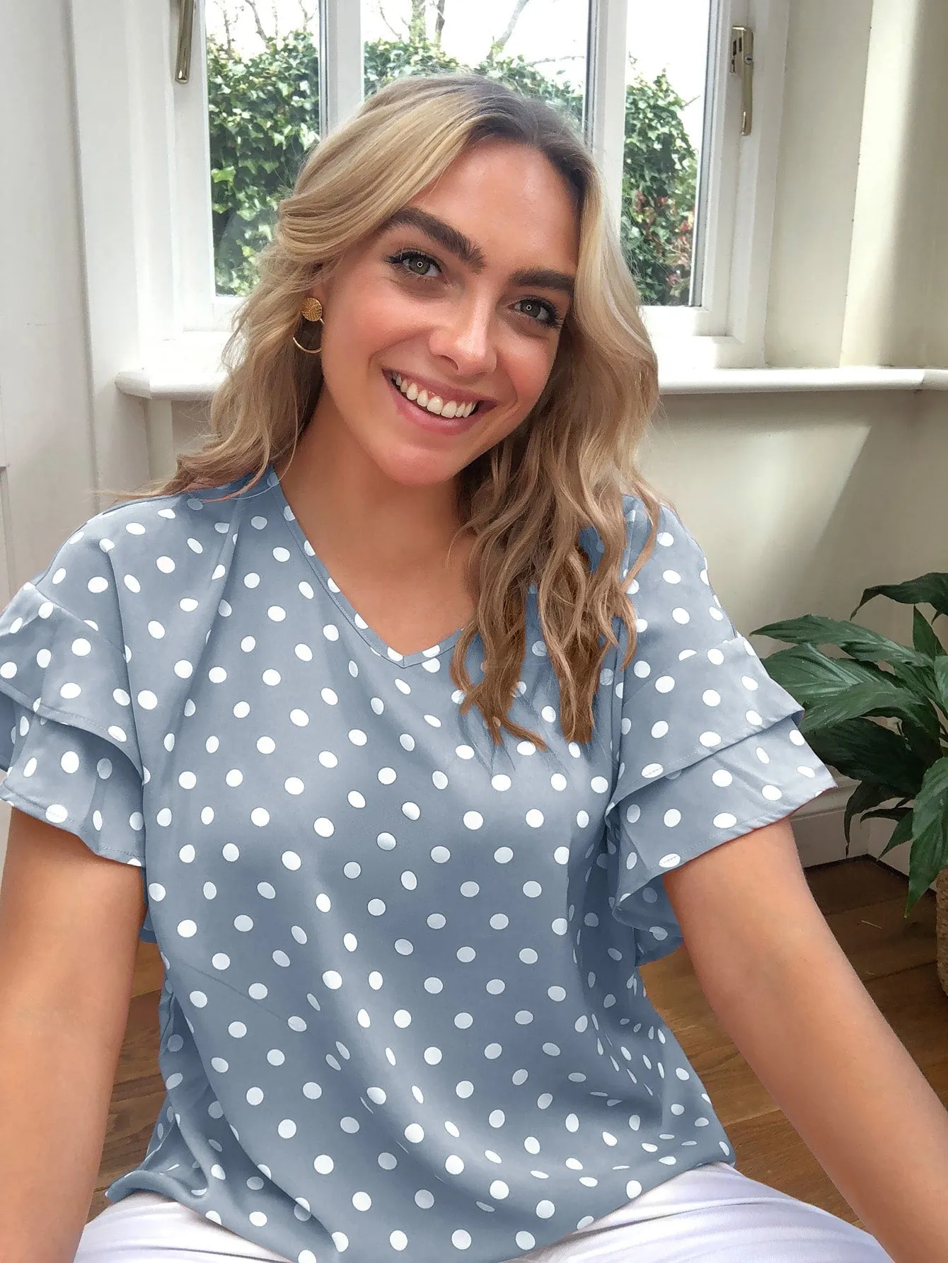 Polka Dot Tiered Layer Short Sleeve V Neck Regular Plus Size Blouse