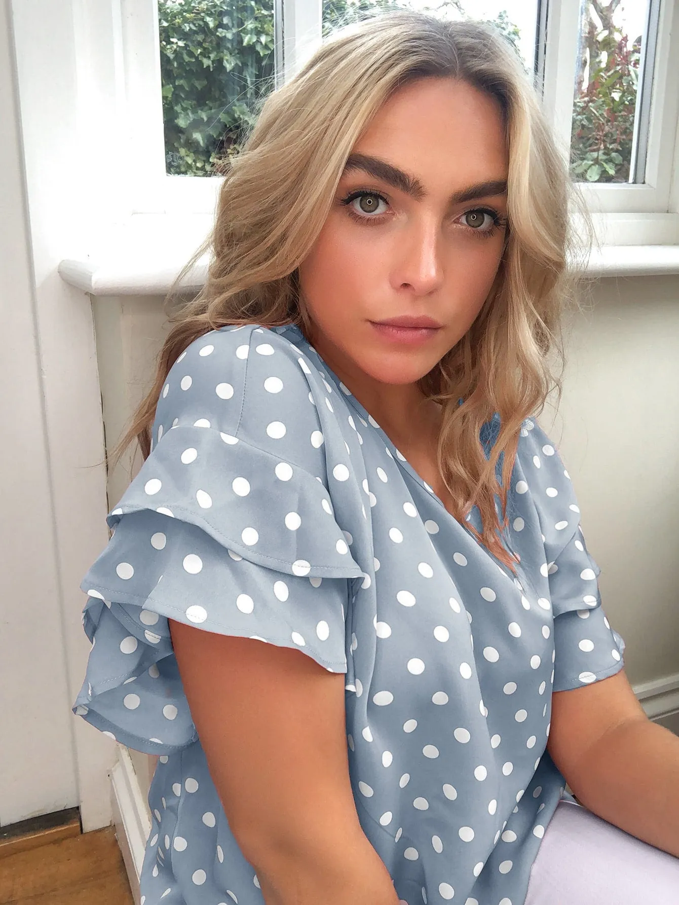 Polka Dot Tiered Layer Short Sleeve V Neck Regular Plus Size Blouse