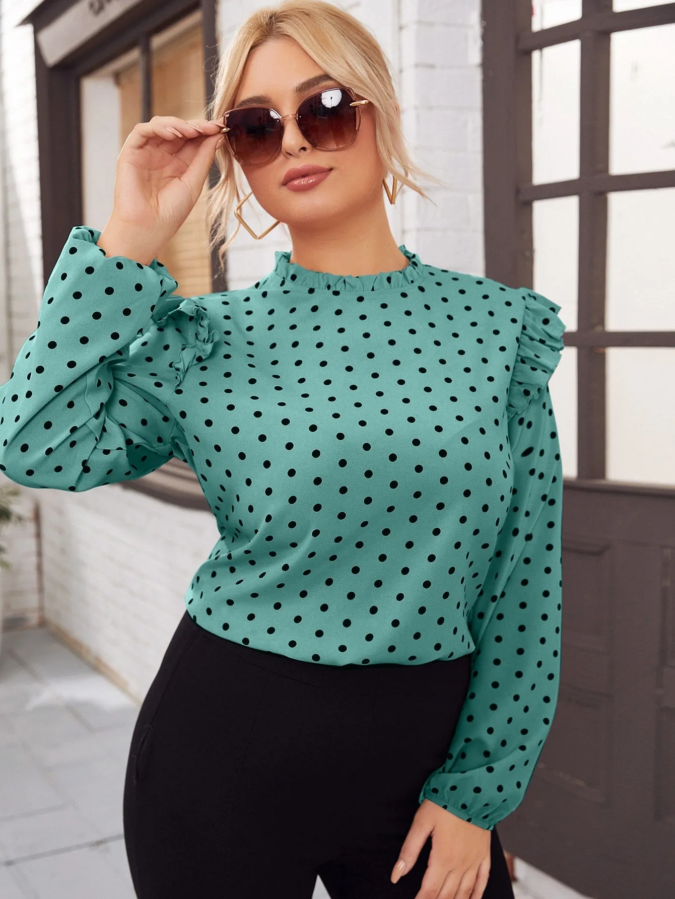 Polka Dot Zipper Long Sleeve Stand Collar Regular Plus Size Blouse