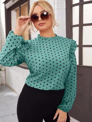 Polka Dot Zipper Long Sleeve Stand Collar Regular Plus Size Blouse