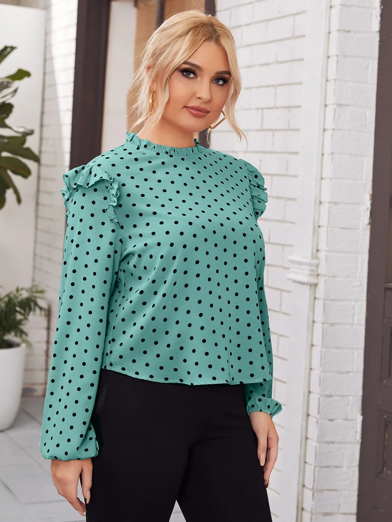 Polka Dot Zipper Long Sleeve Stand Collar Regular Plus Size Blouse