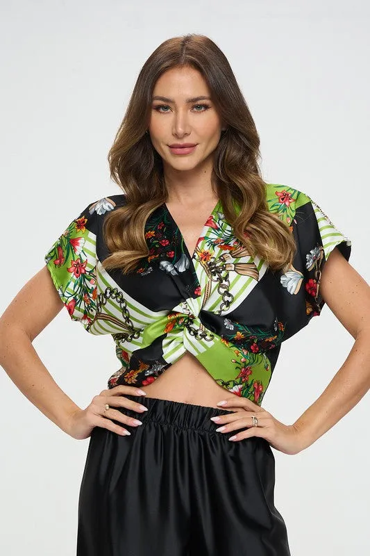 Print Satin Short Sleeve Top with Front Twist