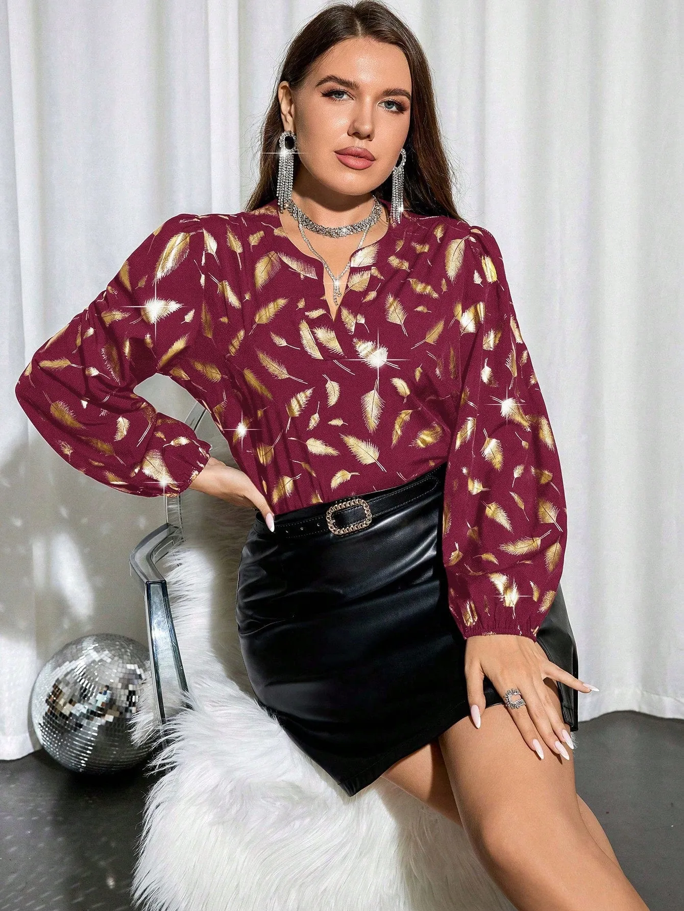 Privé Plus Gold Feather Print Notched Neckline Lantern Sleeve Blouse