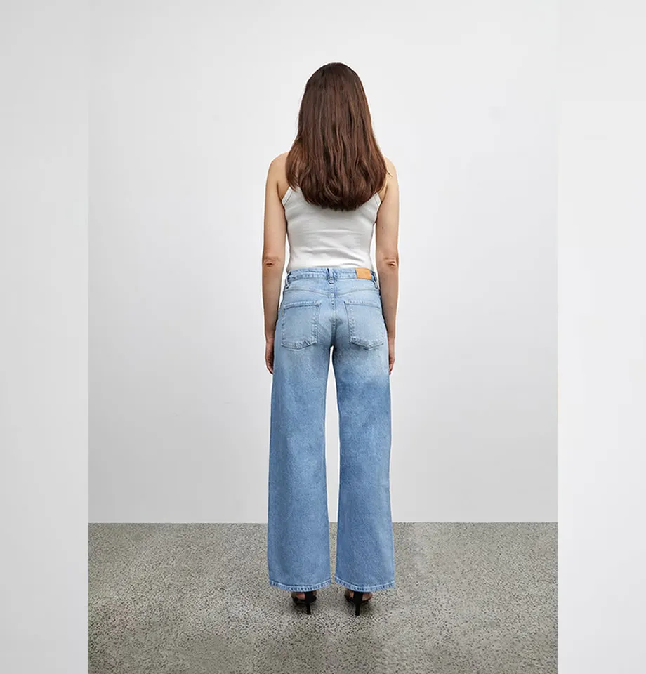 Pulz Jeans Vega; Ultra High Waist, Wide Leg, Light Blue Denim
