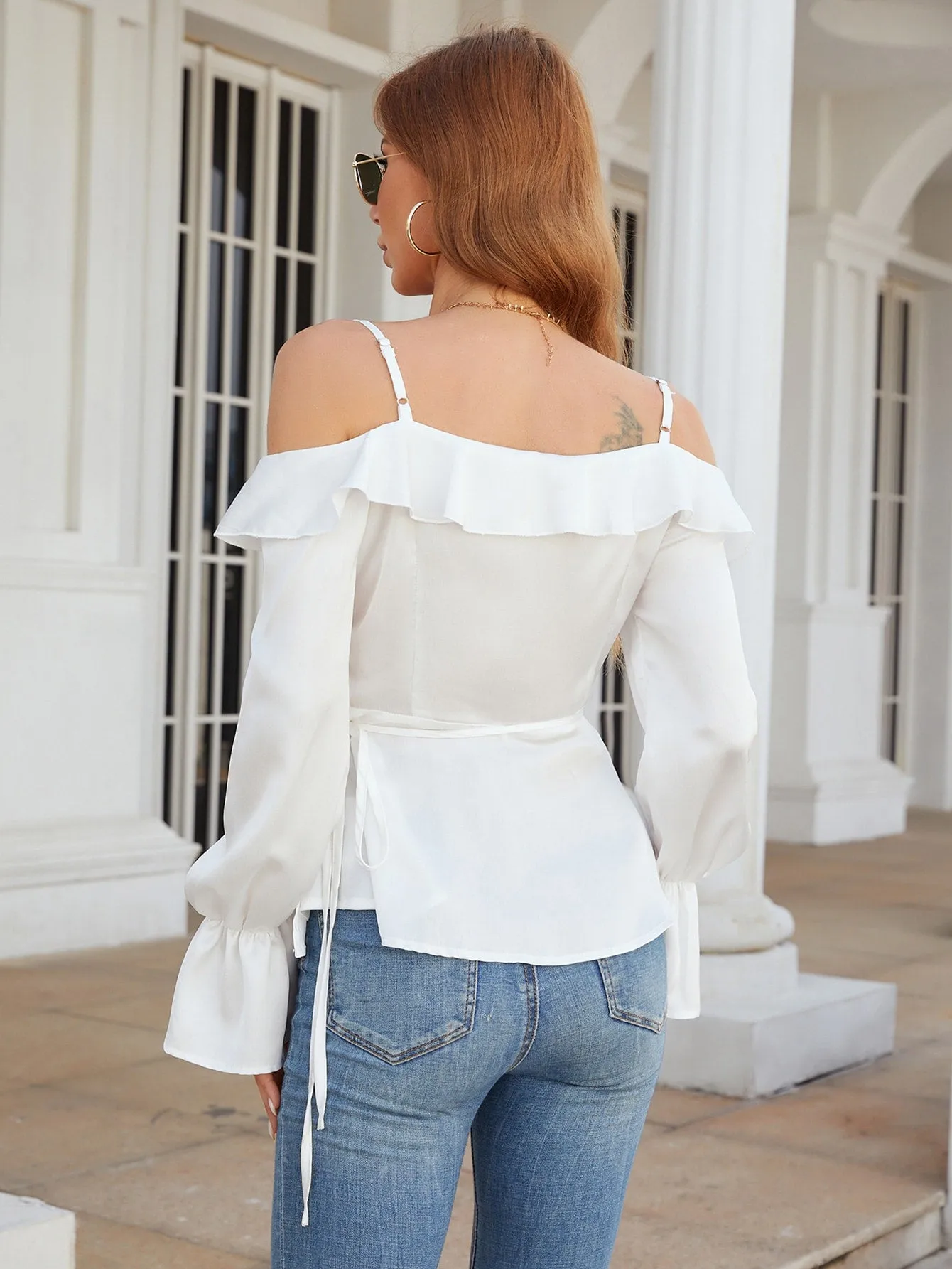 Romantic Plain Ruffle Hem Long Sleeve Spaghetti Strap Flared Regular Blouse