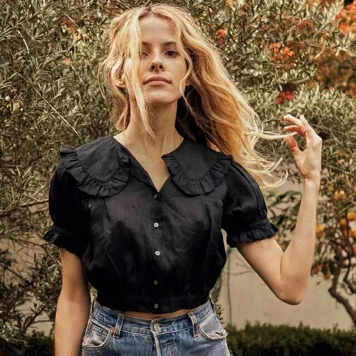 Ruffles Button Crop Tops Women Clothes Summer Chic Turn Down Collar