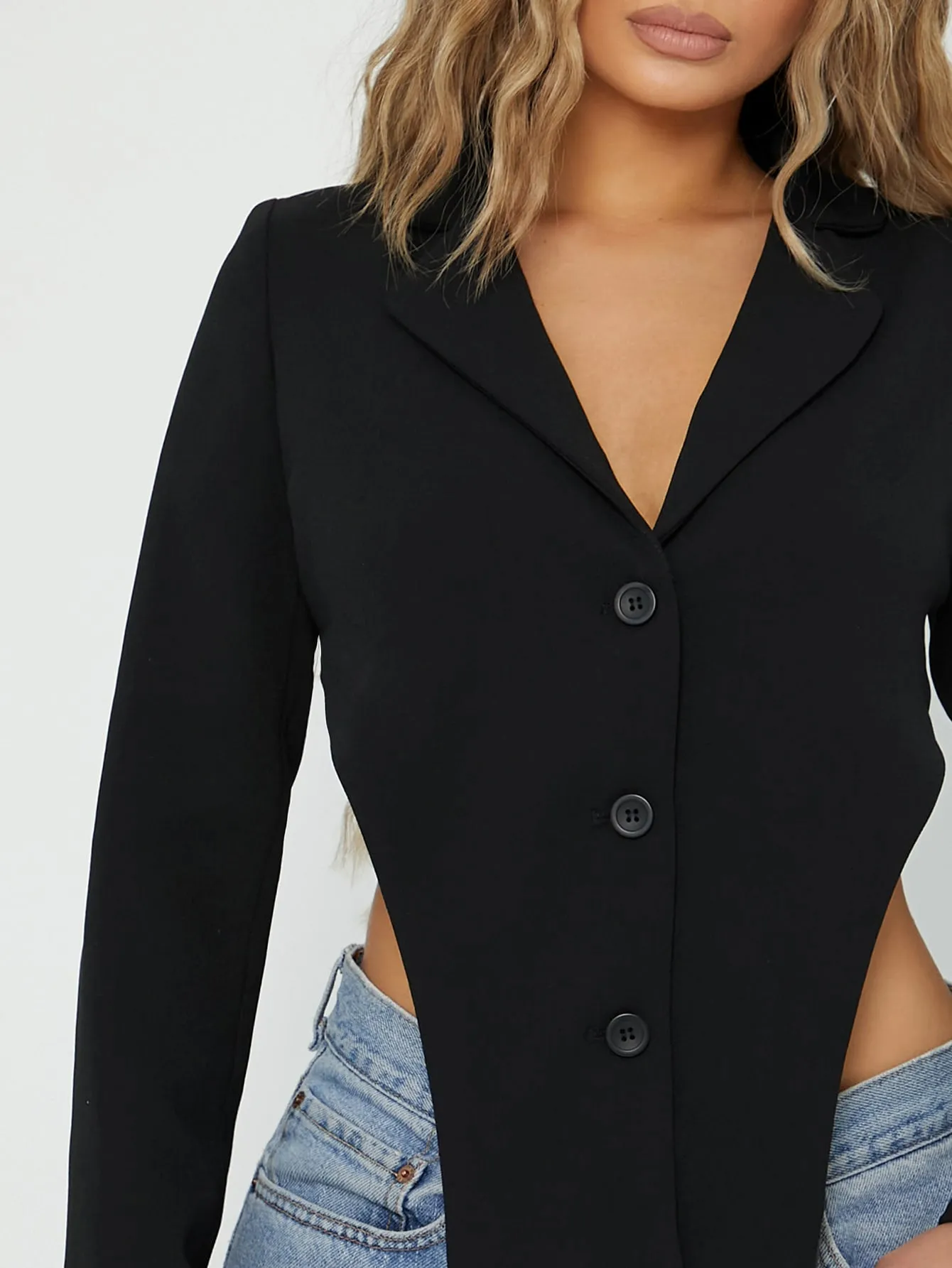 Sexy Plain Button Front Long Sleeve Lapel Asymmetrical Crop Women Top